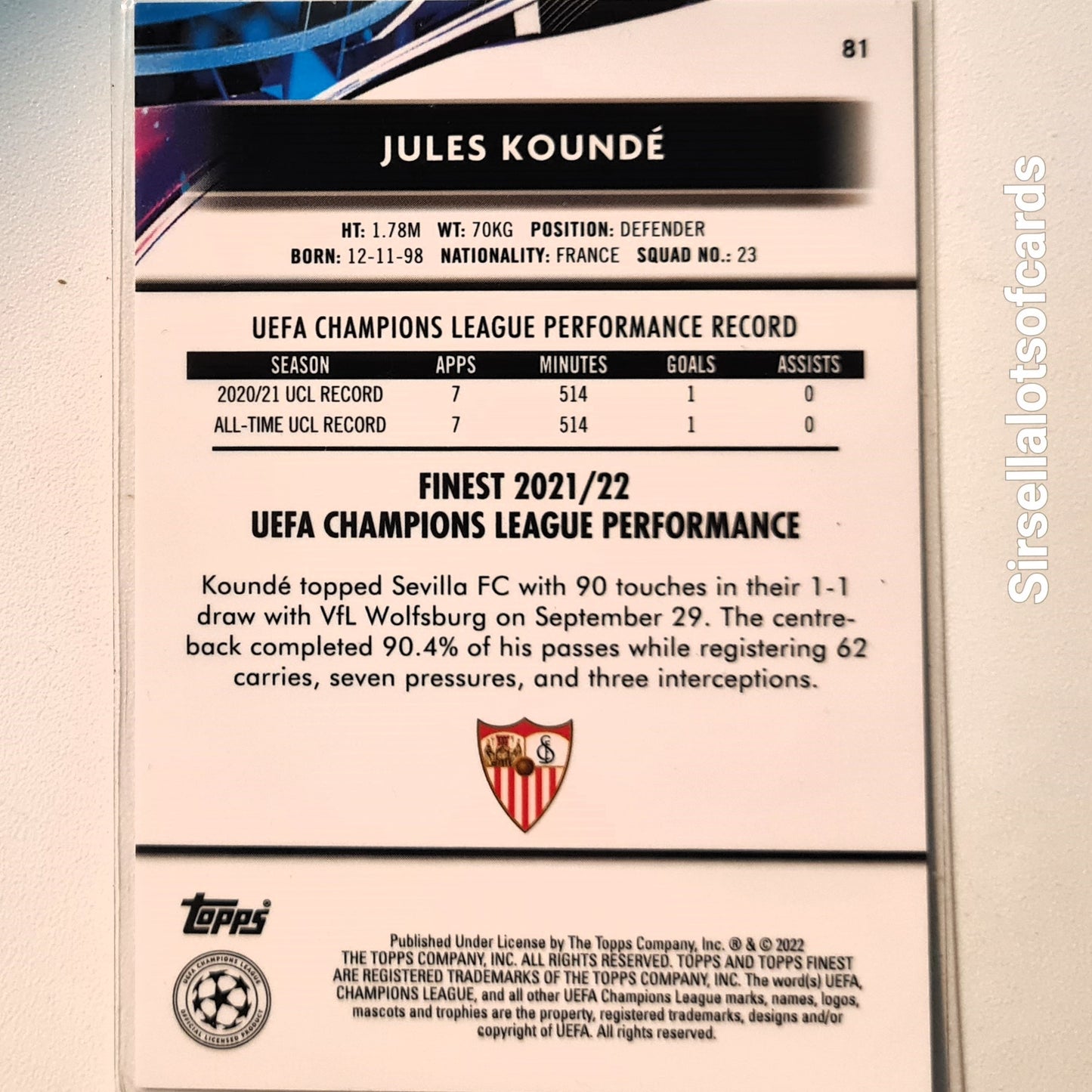 Jules Kounde 2022 Topps Finest Champions League #81 Soccer Football Sevilla Excellent sleeved