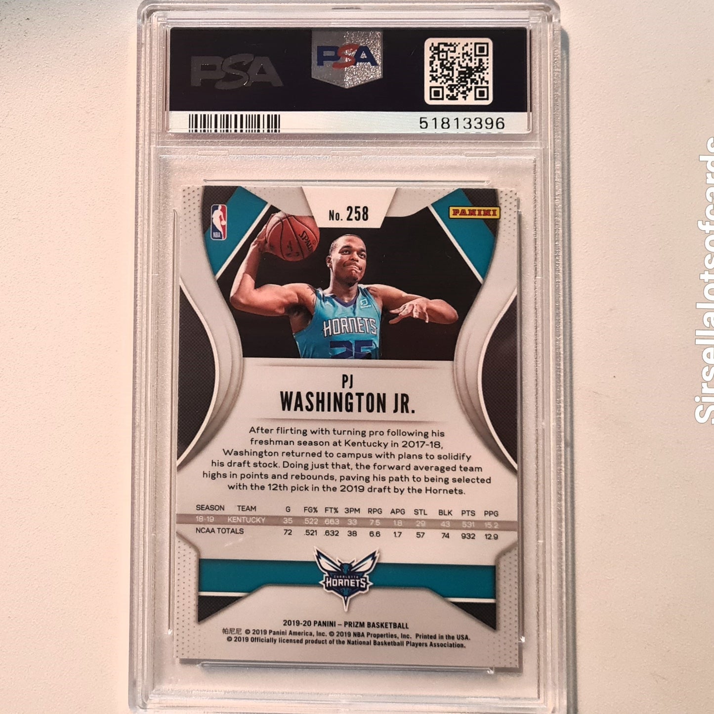 PJ Washington 2019-20 Panini Prizm Rookie RC #258 NBA Basketball Charlotte Hornets PSA 8 Graded Slab