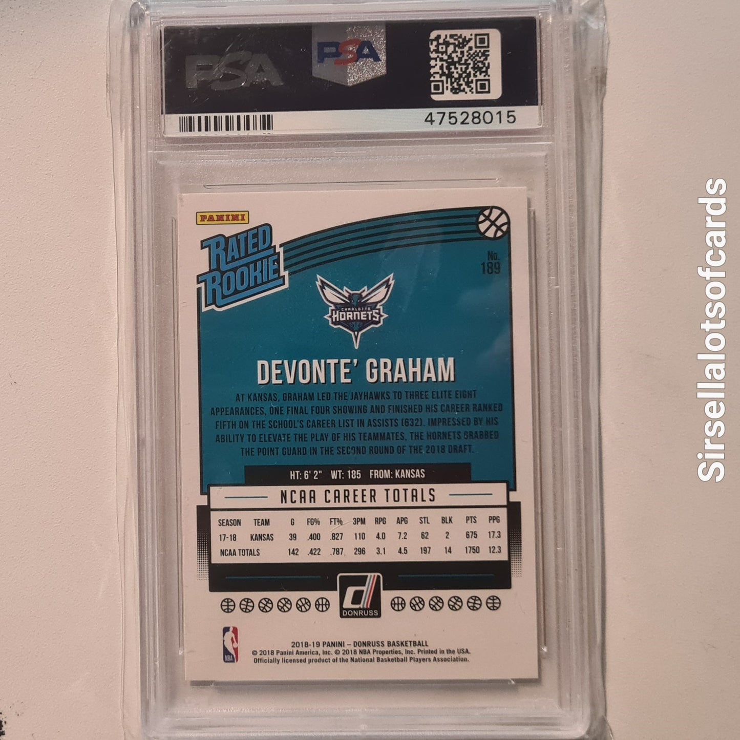 Devonte Graham 2018-19 Panini Donruss Rated Rookie RC #189 NBA Basketball Charlotte Hornets PSA 10 Gem mint Graded Slab