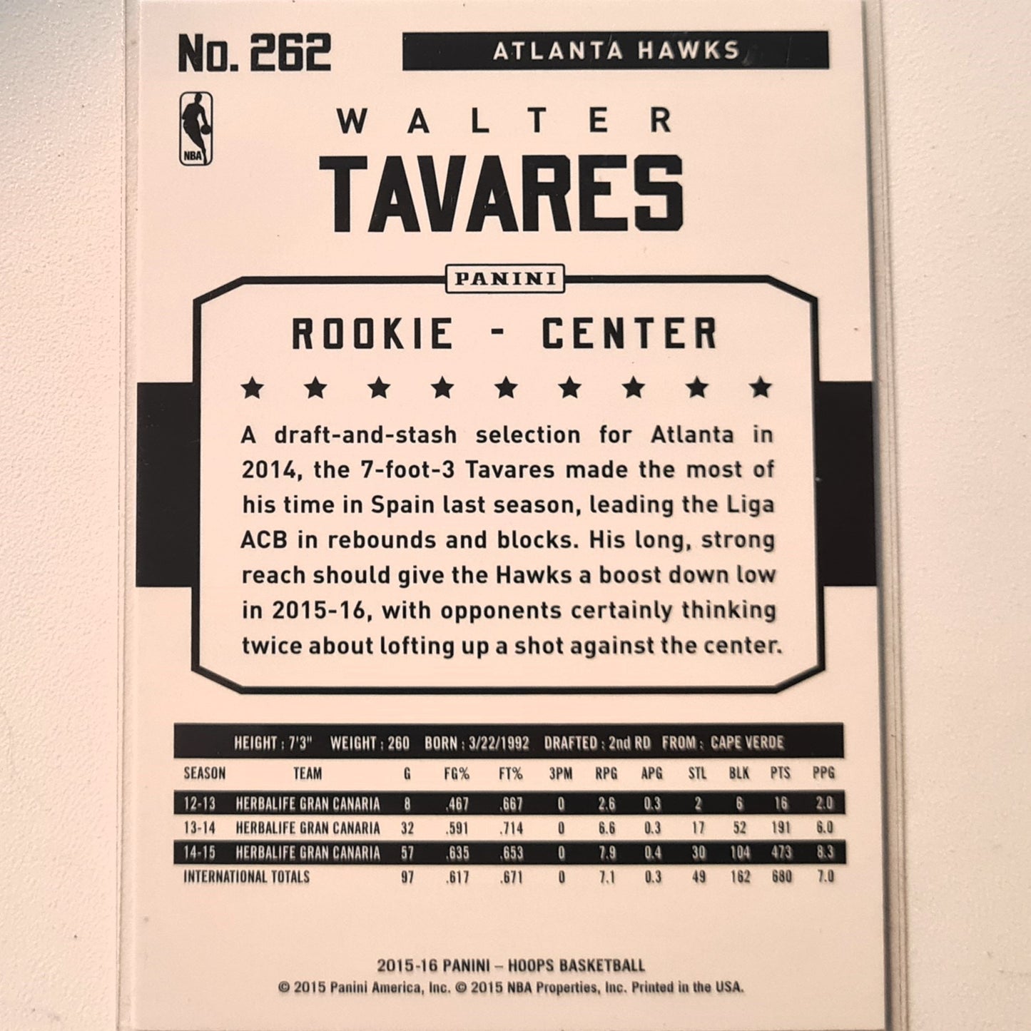 Walter Tavares 2015-16 Panini NBA Hoops Rookie RC #262 NBA Basketball Atlanta Hawks Excellent Sleeved