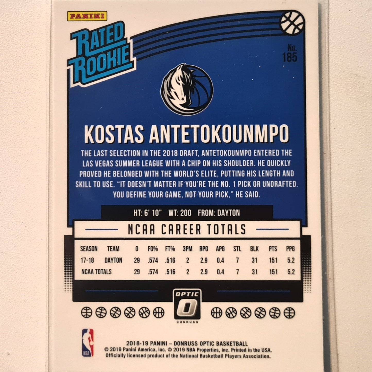 Kostas Antetokounmpo 2018-19 Panini Donruss Rated Rookie RC #185 NBA Basketball Dallas Mavericks Excellent Sleeved