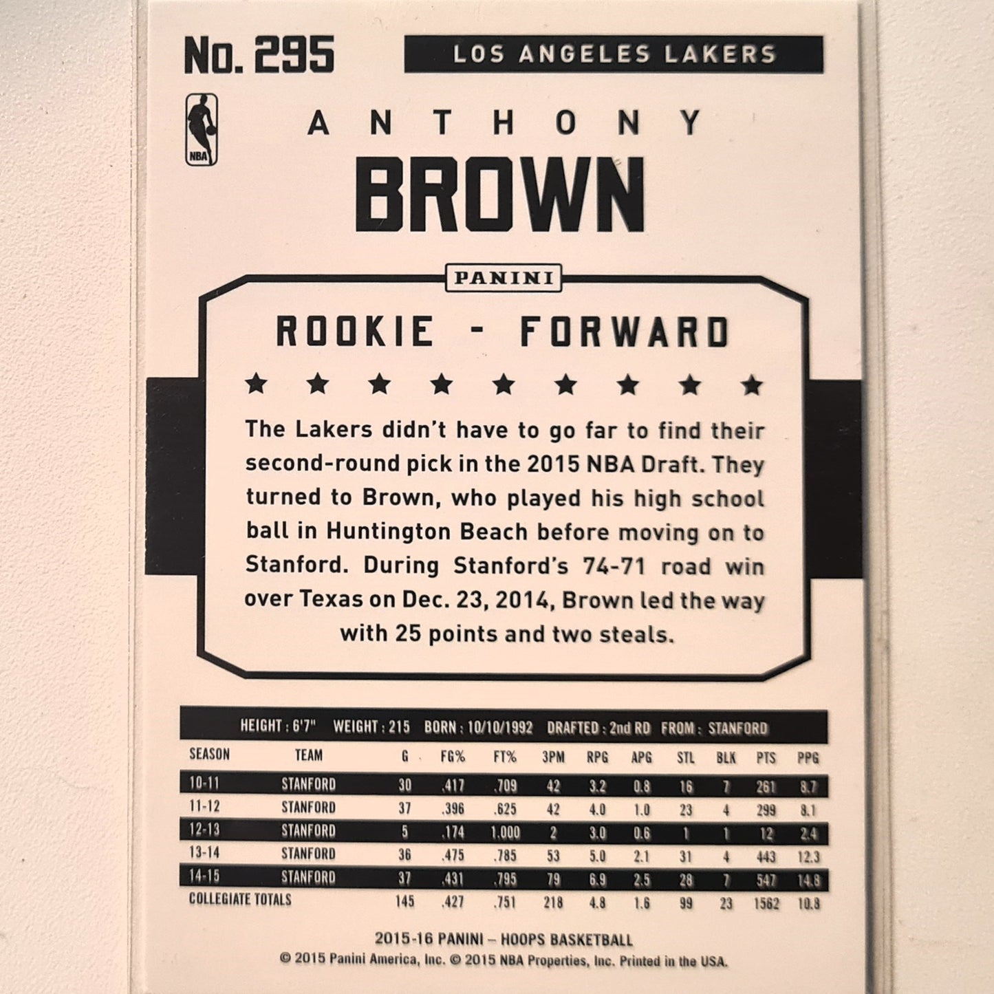 Anthony Brown 2015-16 Panini NBA Hoops Rookie RC #295 NBA Basketball LA Lakers Excellent Sleeved