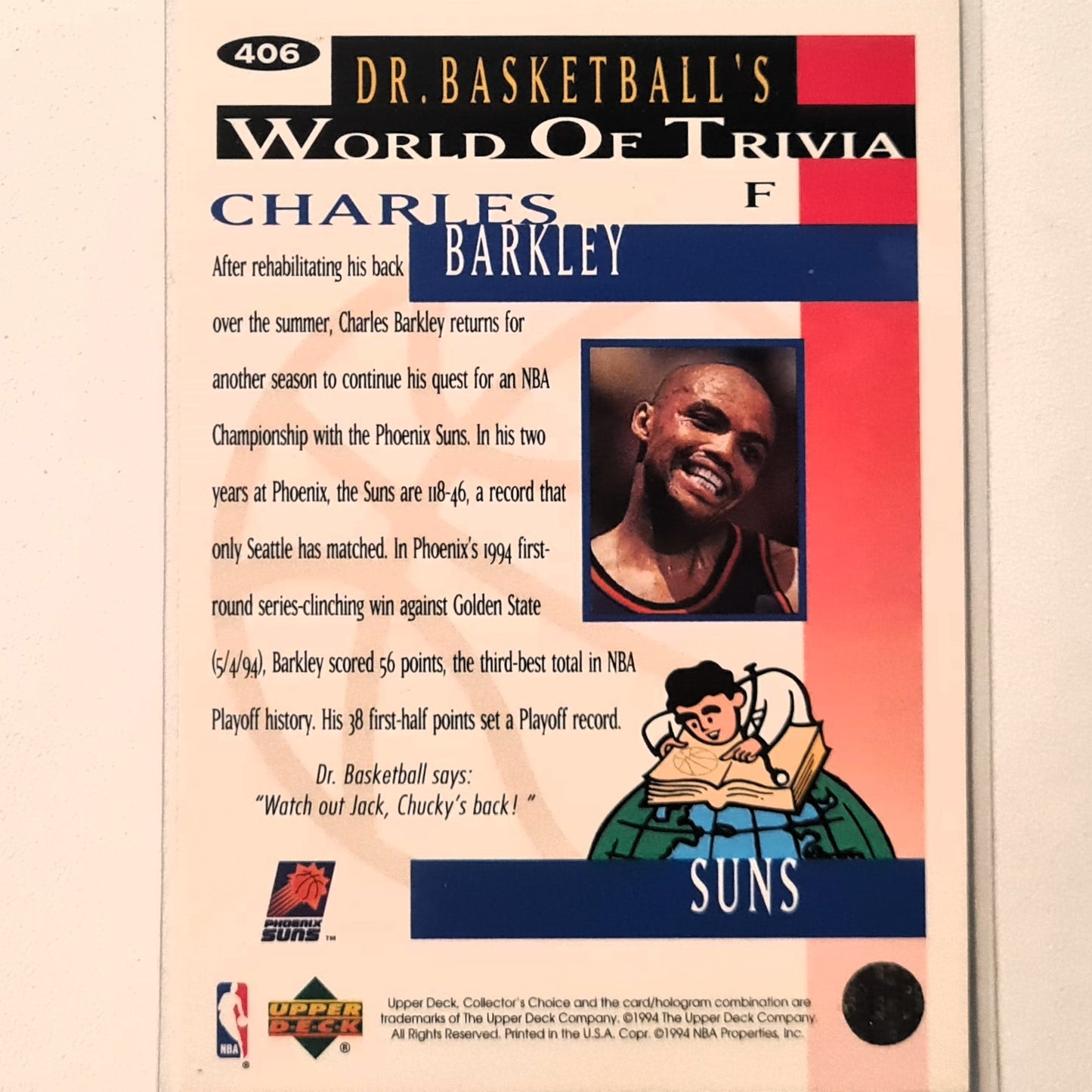Charles Barkley 1994 Upper-Deck world of trivia #406  NBA Basketball Phoenix Suns Excellent sleeved