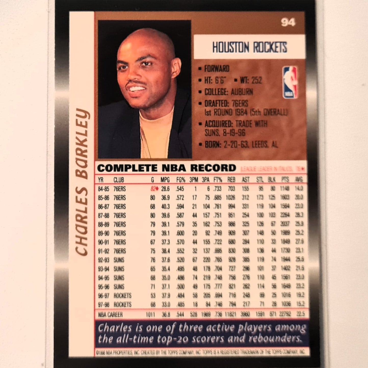 Charles Barkley 1998 Topps #94 NBA Basketball Houston Rockets Excellent sleeved