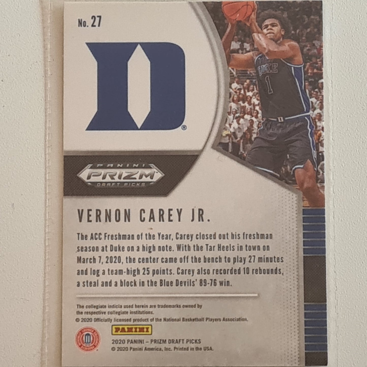 Vernon Carey Jr 2020 Panini Prizm Draft Picks Rookie RC #27 NBA Basketball Charlotte Hornets/Duke excellent sleeved