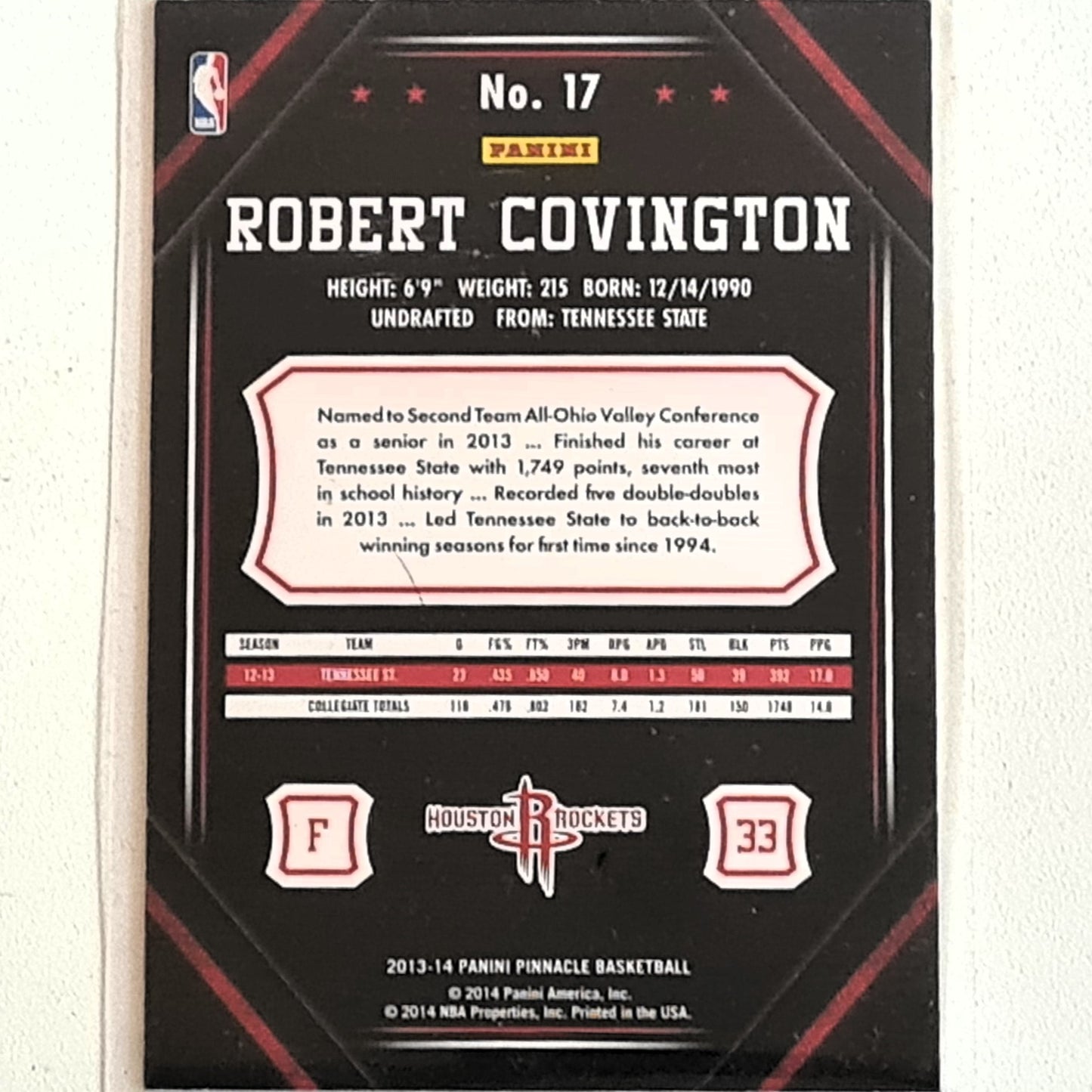 Robert Covington 2013-14 Panini Pinnacle Rookie RC #17 NBA Basketball Houston Rockets very good sleeved