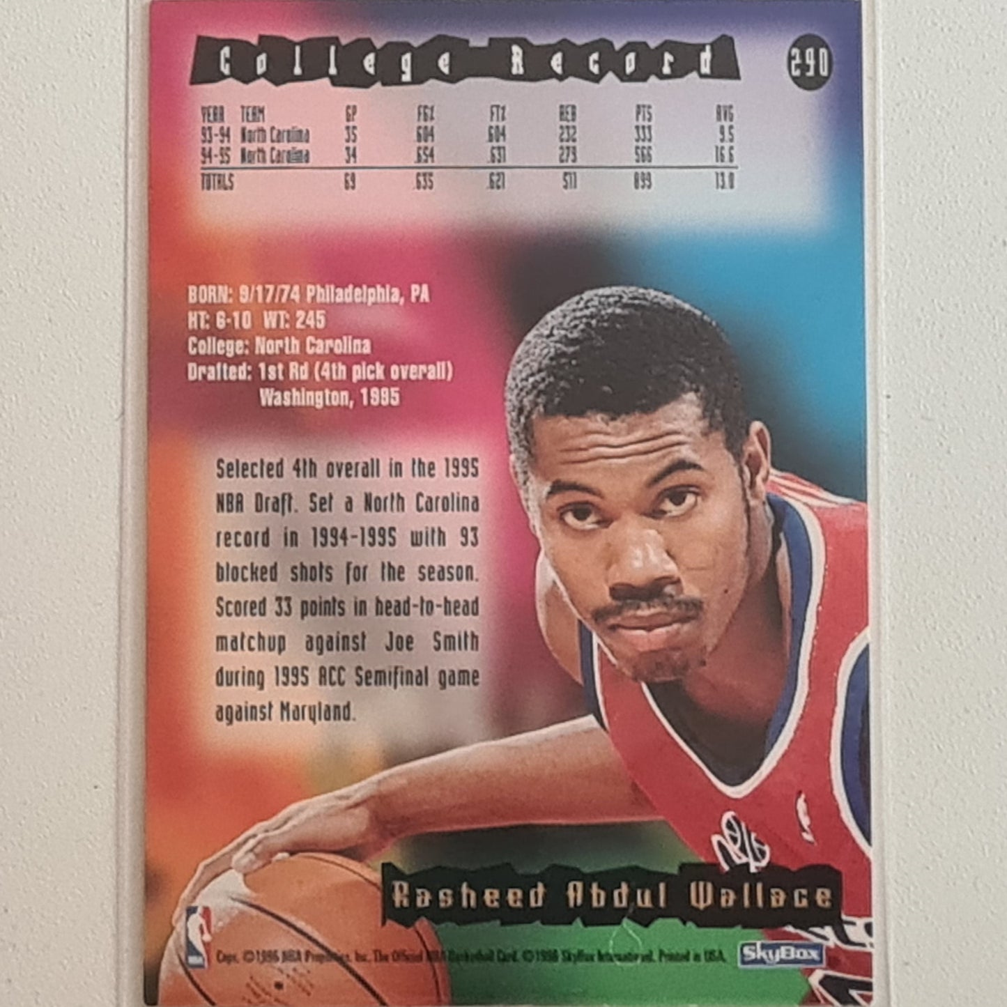 Rasheed Wallace 1996 Skybox NBA  Hoops Basketball #290 Rookie card Washington Bullets sleeved