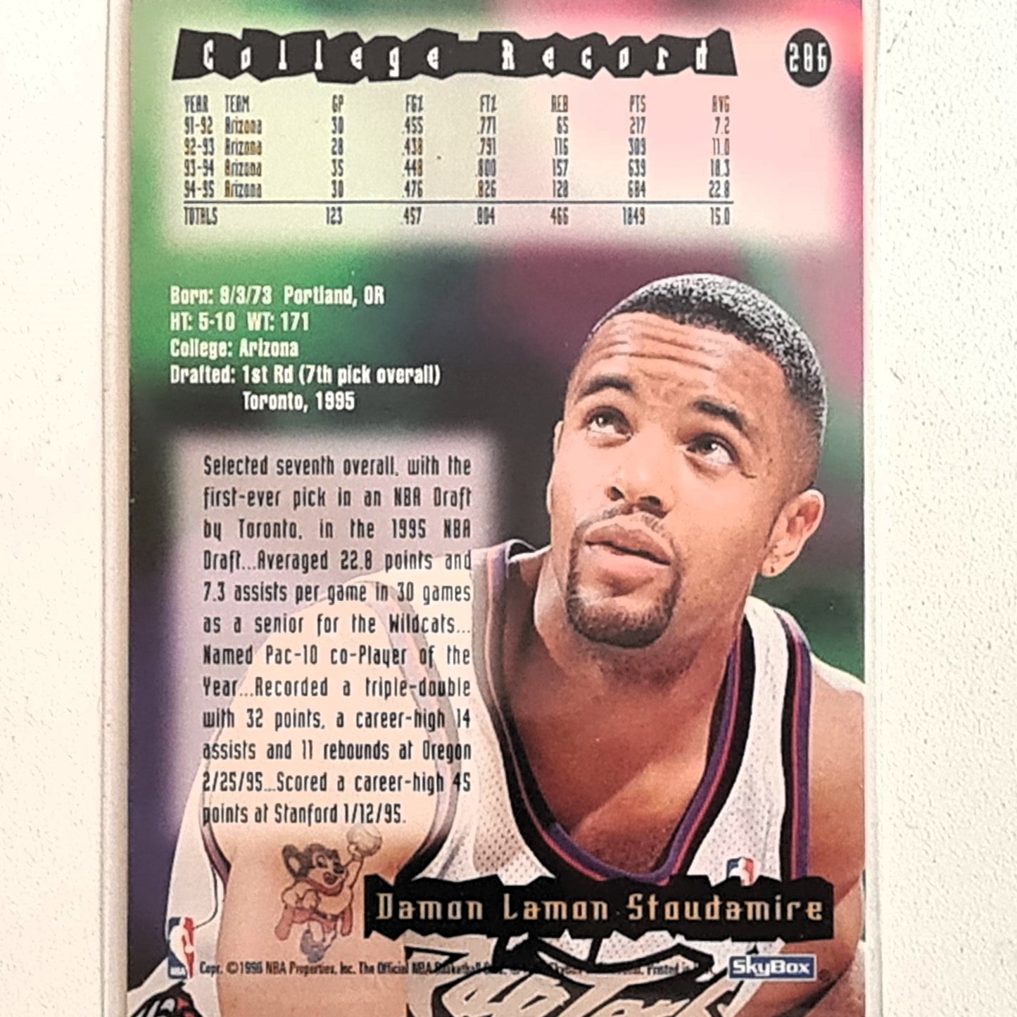 Damon Stoudamire 1996 Skybox NBA Hoops Basketball #286 Rookie card Toronto Raptors sleeved