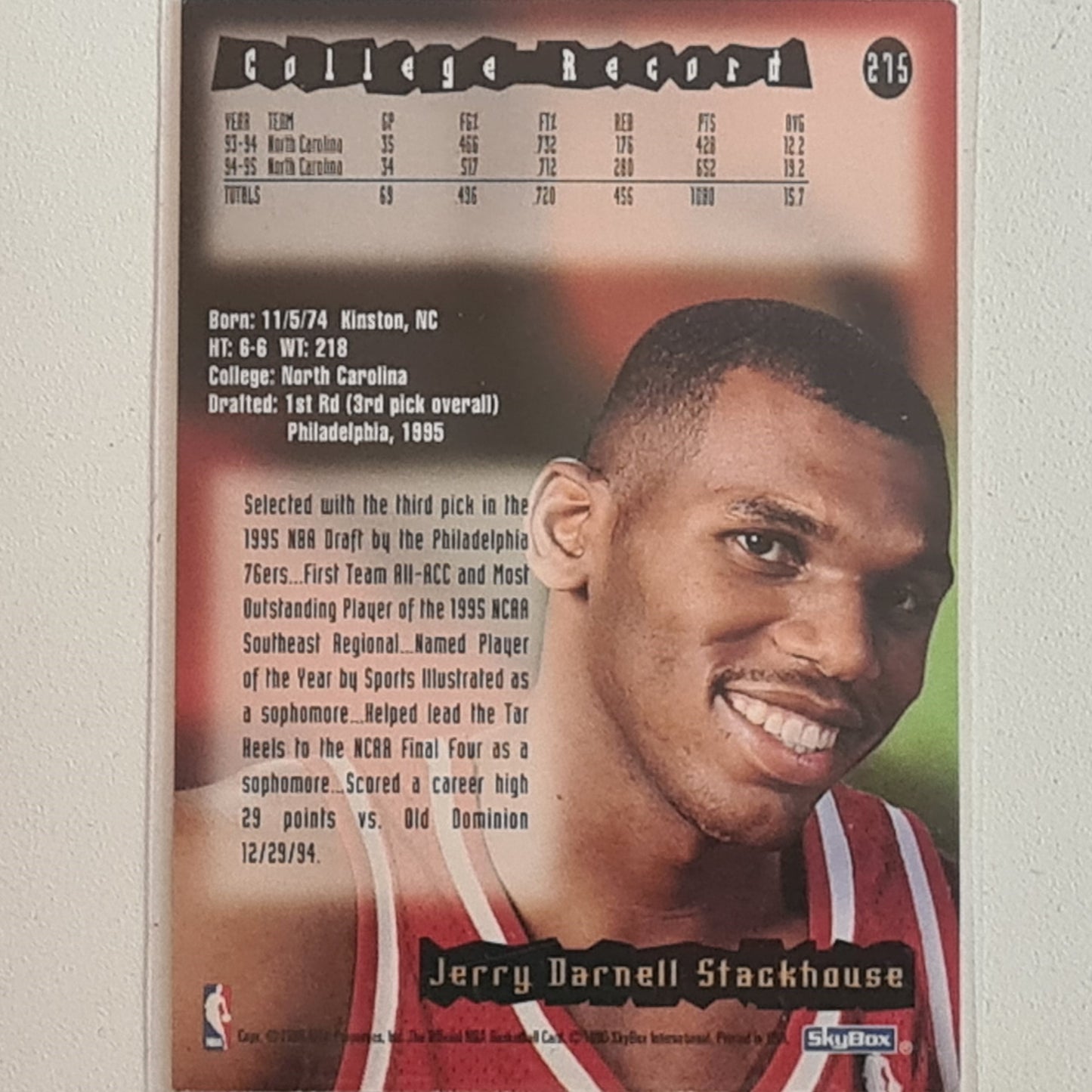 Jerry Stackhouse 1996 Skybox NBA Hoops Basketball #215 Rookie card Philadelphia 76ers sleeved