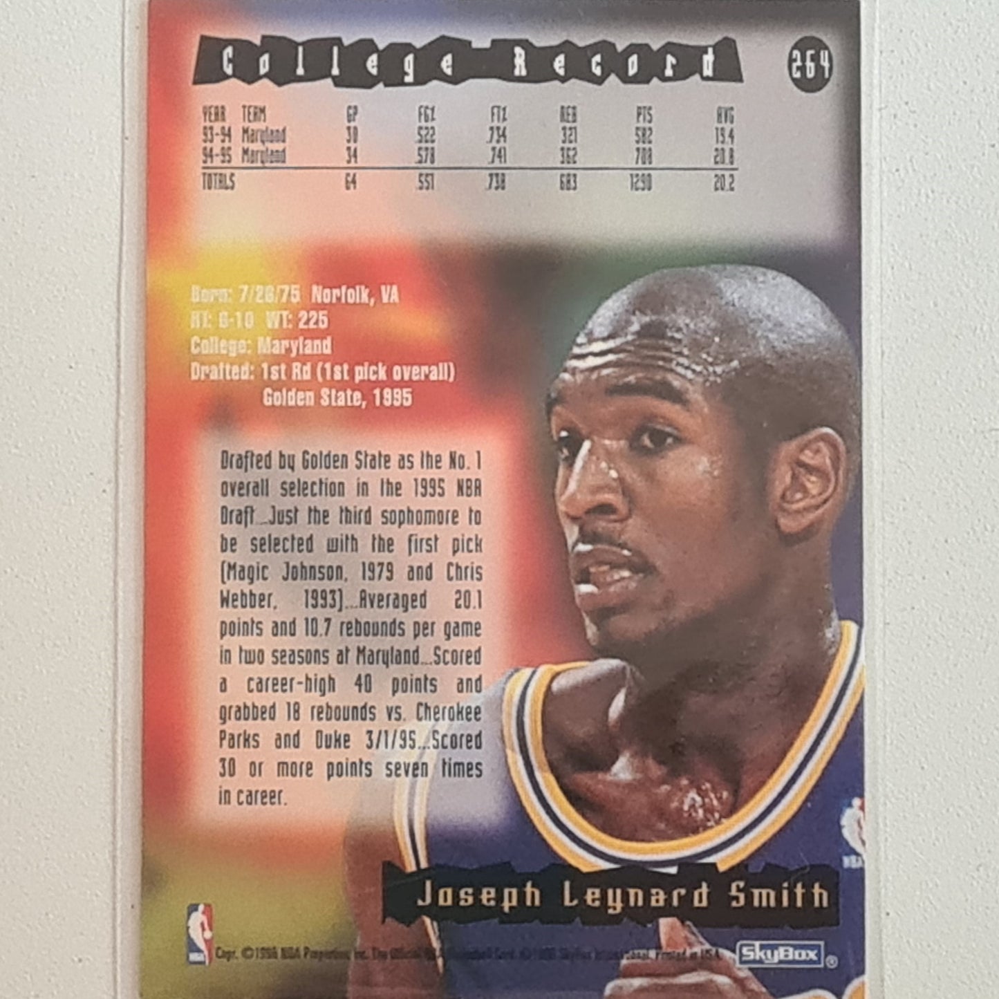 Joe Smith 1996 Skybox NBA Hoops Basketball #215 Rookie card Golden State Warriors Excellent sleeved