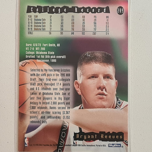 Bryant Reeves 1996 Skybox NBA Hoops Basketball #289 Rookie card Vancouver Grizzlies Excellent sleeved