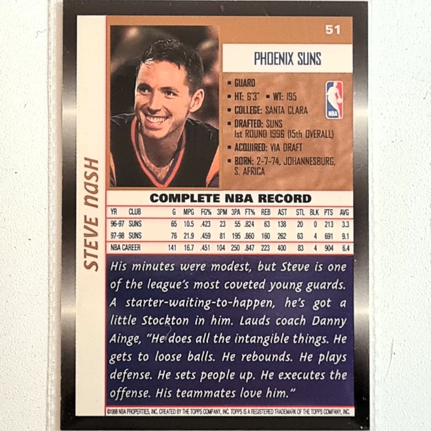 Steve Nash 1998 Topps #51 NBA Basketball Phoenix Suns Excellent sleeved
