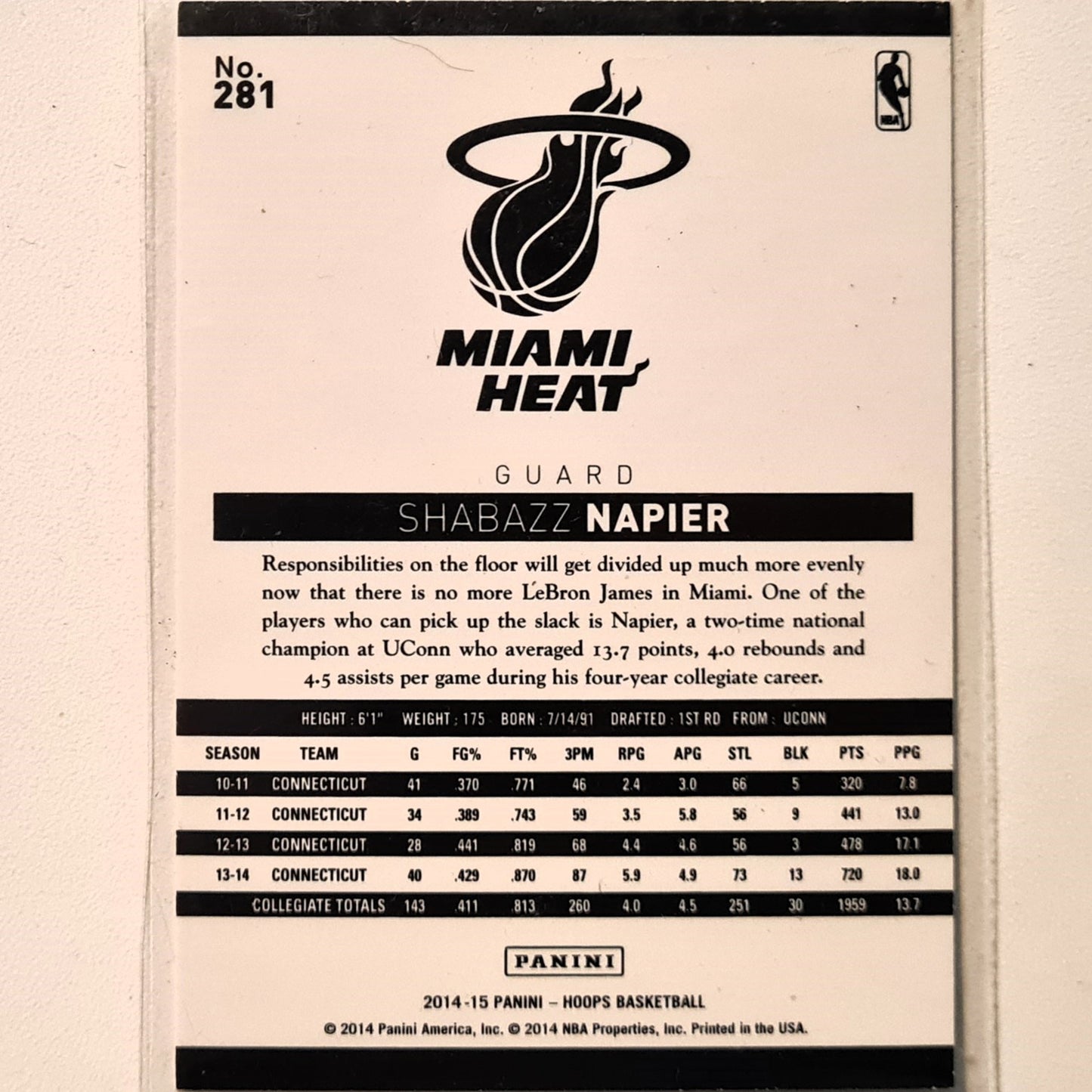 Shabazz Napier 2014-15 Panini NBA Hoops Rookie RC #281 NBA Basketball Miami heat Excellent sleeved