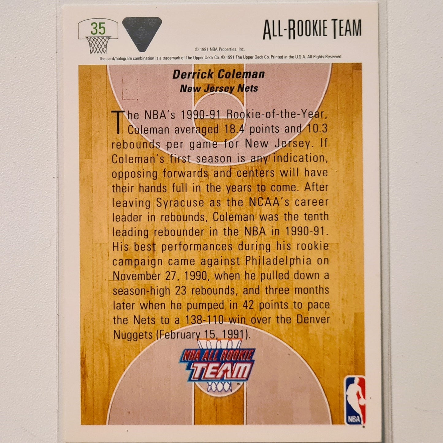 Derrick Coleman 1991 Upper-Deck all rookie team  #35 NBA Basketball New Jersey Nets excellent sleeved