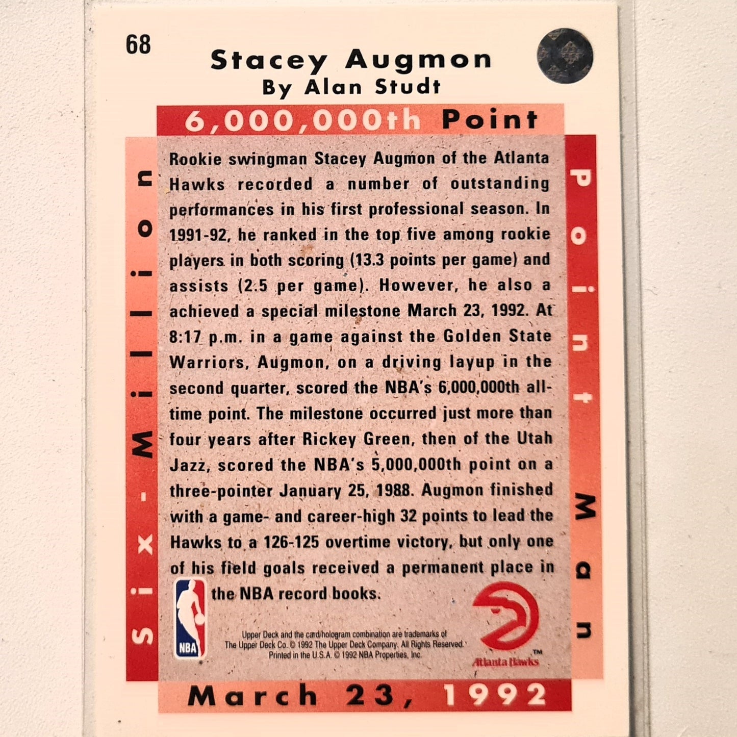 Stacey Augmon 1992 Upper-Deck 6 million point man #68 NBA Basketball Atlanta Hawks excellent sleeved
