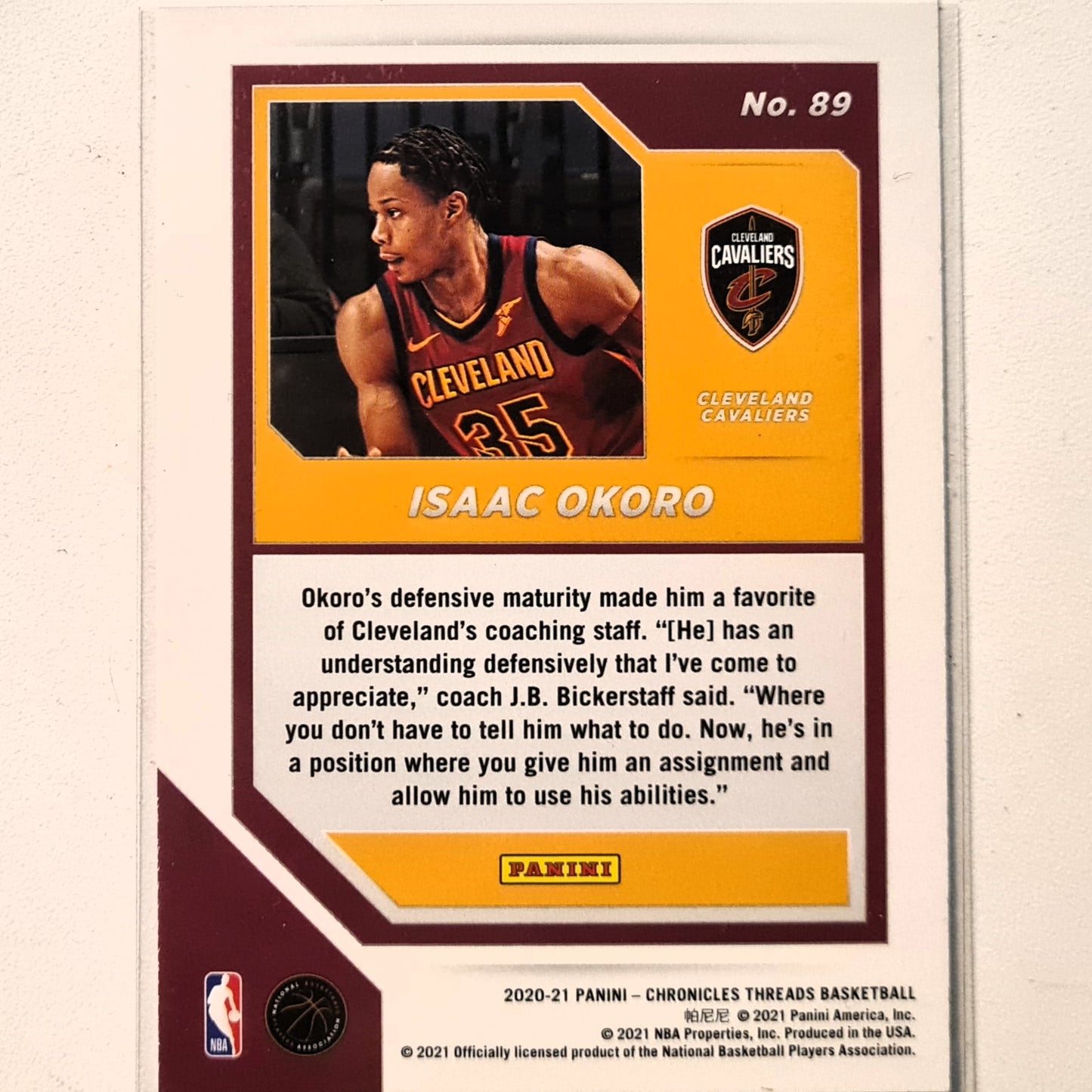 Isaac Okoro 2020-21 Panini Threads Rookie RC #89 NBA Basketball Cleveland Cavaliers excellent sleeved