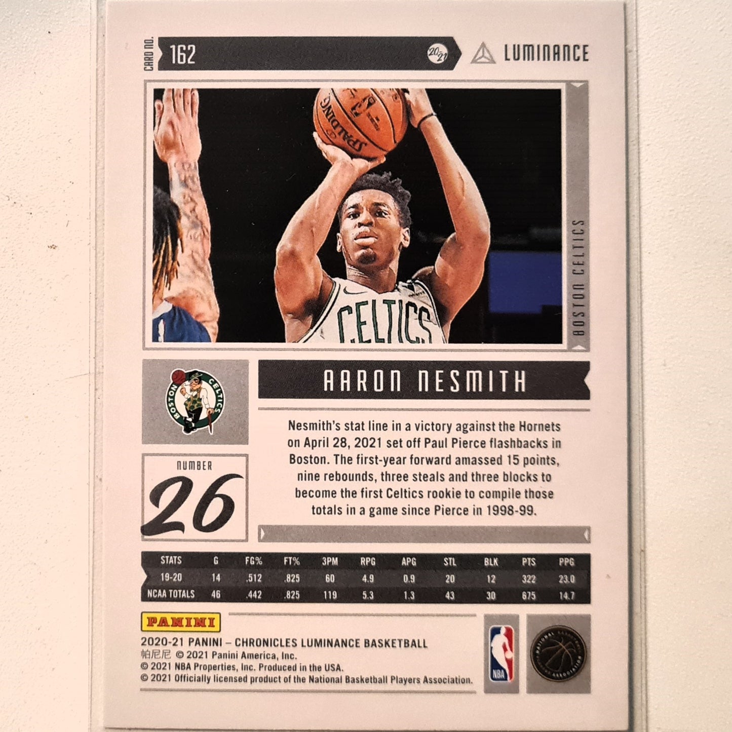 Aaron Nesmith 2020-21 Panini Chronicles Luminance Rookie RC #162 NBA Basketball Boston Celtics Excellent sleeved