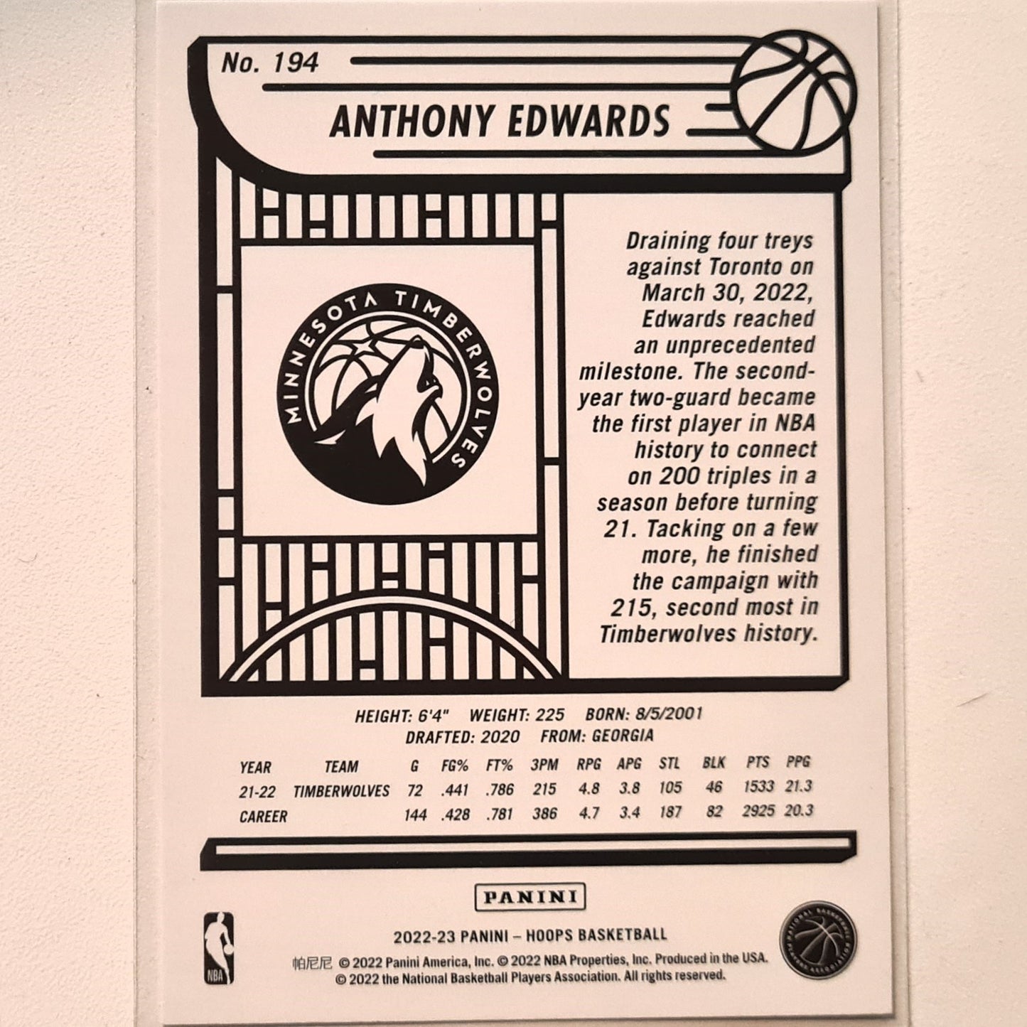 Anthony Edwards 2022-23 Upper-Deck #194 NBA Basketball Minnesota Timberwolves Excellent sleeved