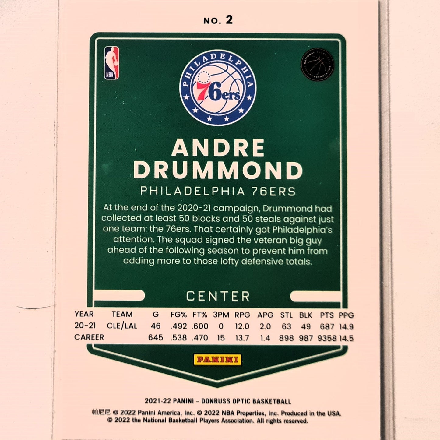 Andre Drummond 2021-22 Panini Donruss Optic #2 NBA Basketball Philadelphia 76ers Excellent/mint sleeved