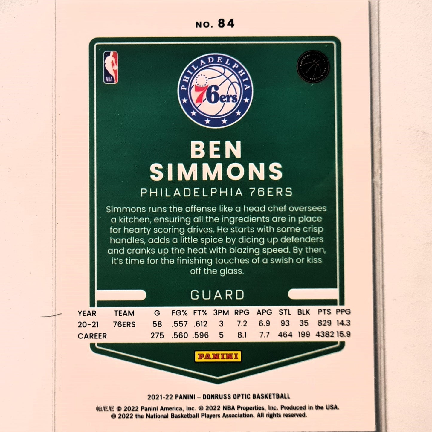 Ben Simmons 2021-22 Panini Donruss Optic #84 NBA Basketball Philadelphia 76ers Excellent/mint sleeved