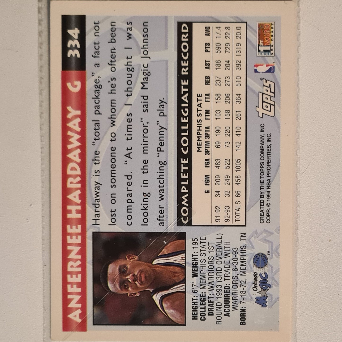 Anfernee Hardaway 1994 Topps 1st round NBA Draft rookie RC #334 NBA Basketball Orlando Magic very good Sleeved