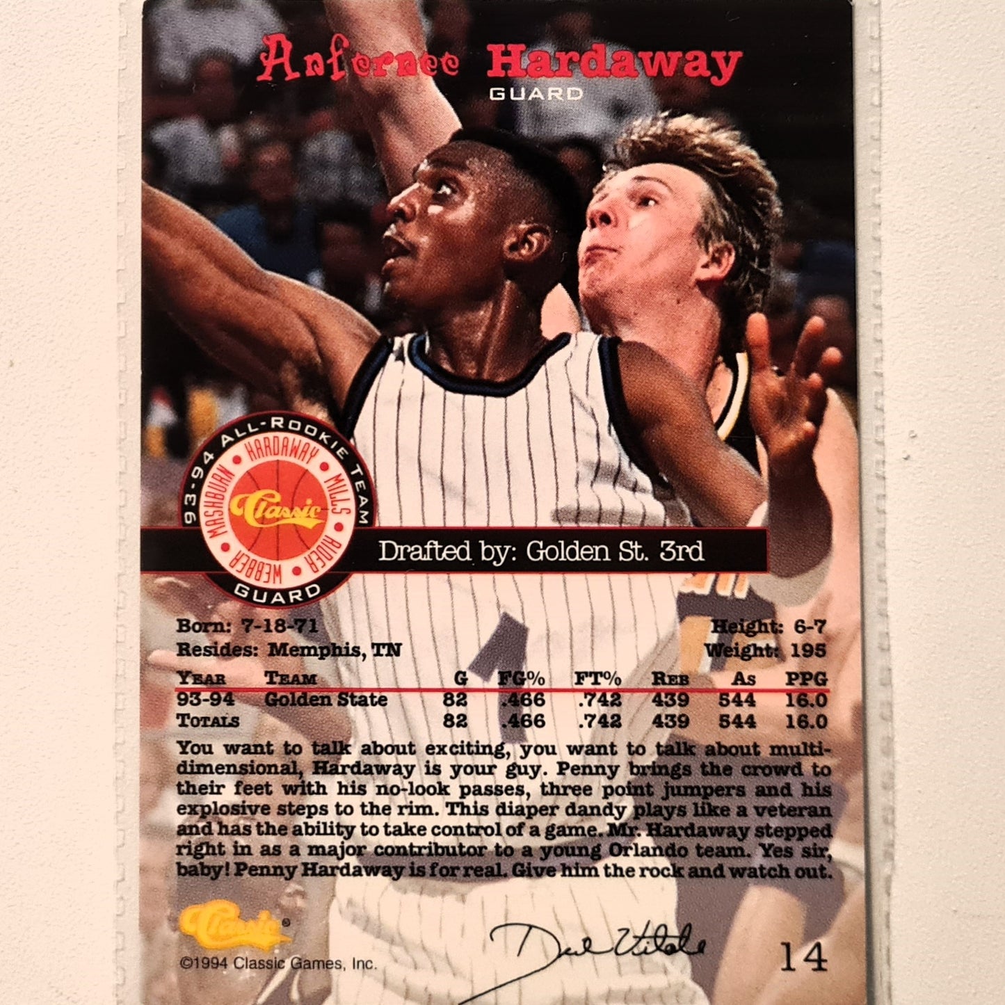 Anfernee Hardaway 1994 Classic all rookie team 93-94 rookie RC #14 NBA Basketball Orlando Magic very good Sleeved