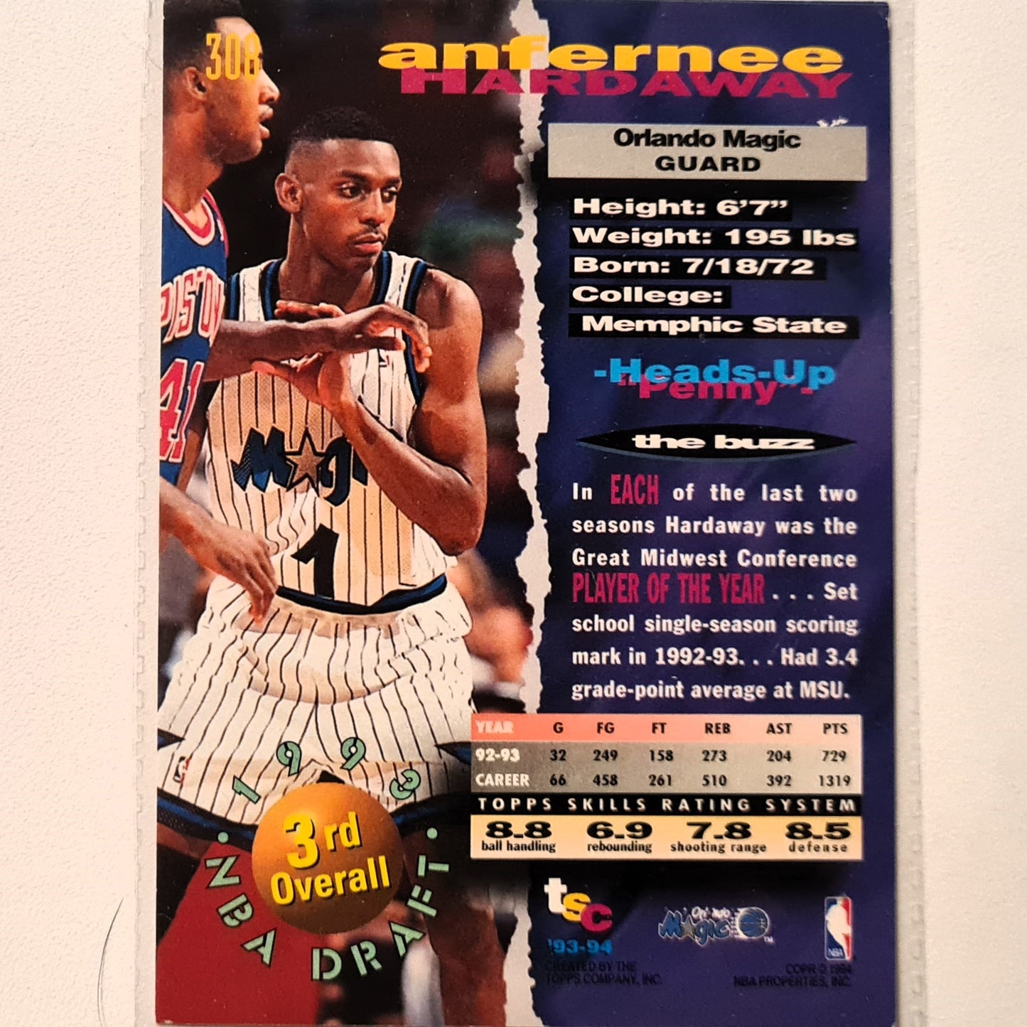 Anfernee Hardaway 1994 Topps Stadium Club 93 draft pick rookie RC #308 NBA Basketball Orlando Magic very good Sleeved
