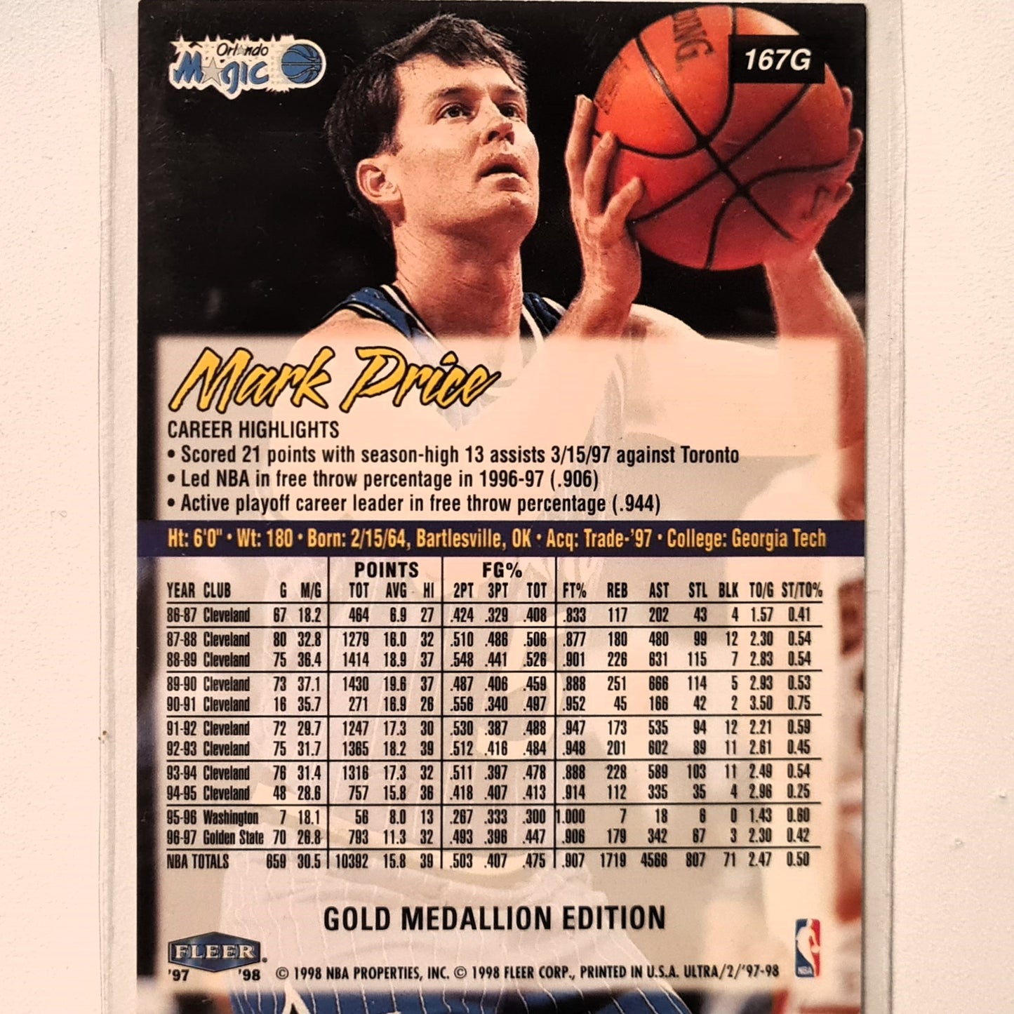 Mark Price 1998 Fleer Ultra gold medallion edition #167G NBA Basketball Orlando Magic very good Sleeved