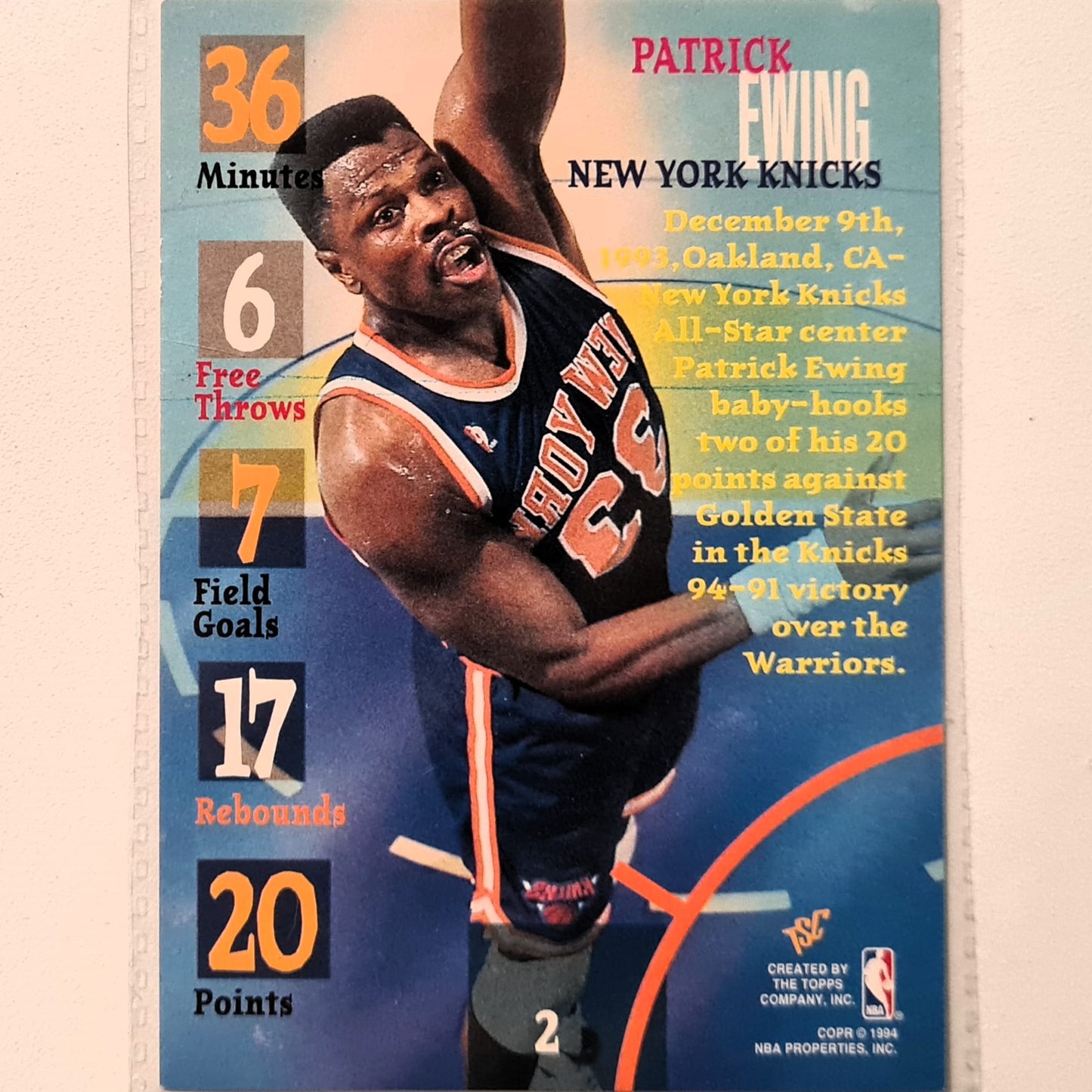 Patrick Ewing 1994 Topps through the glass #2 NBA Basketball New York Knicks excellent Sleeved