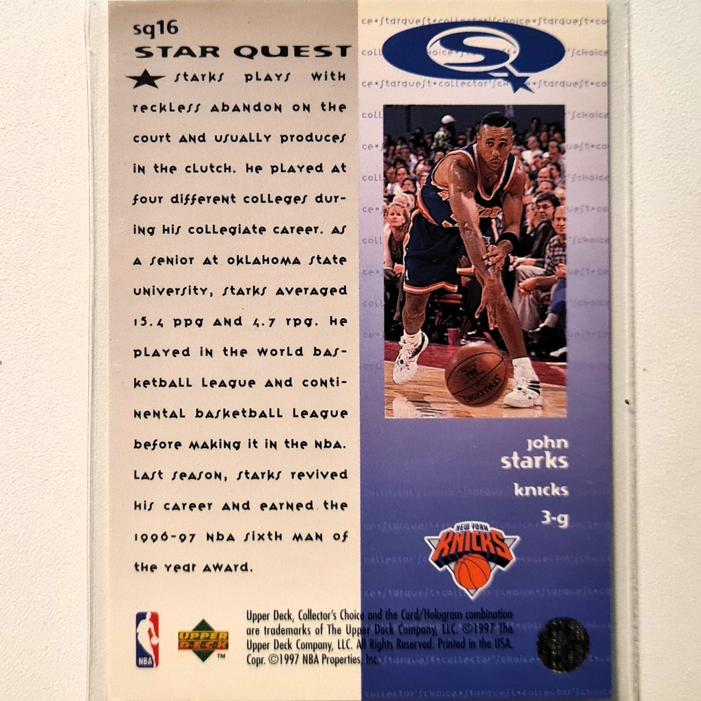 John Starks 1997 Upper-Deck Star Quest SQ16 NBA Basketball New York Knicks Excellent Sleeved