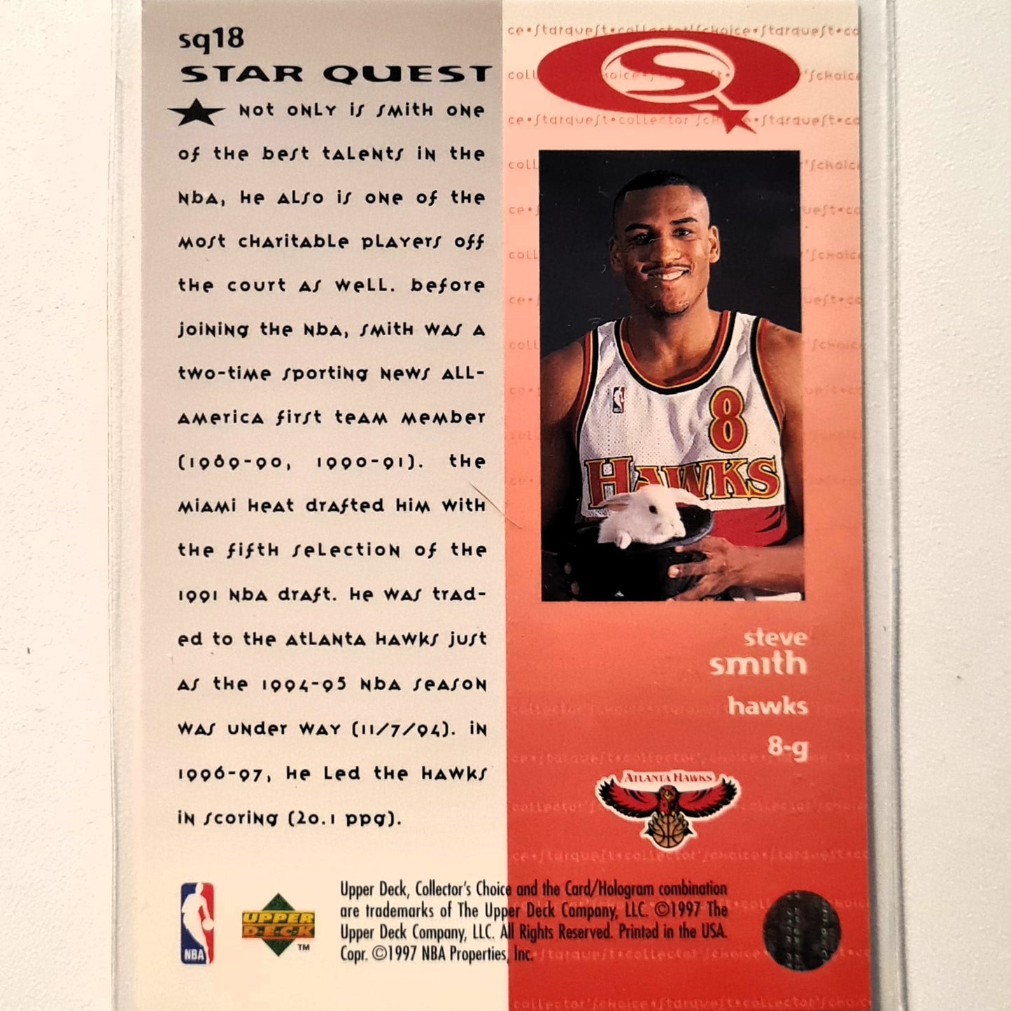 Steve Smith 1997 Upper-Deck Star Quest SQ18 NBA Basketball Atlanta Hawks  Excellent Sleeved