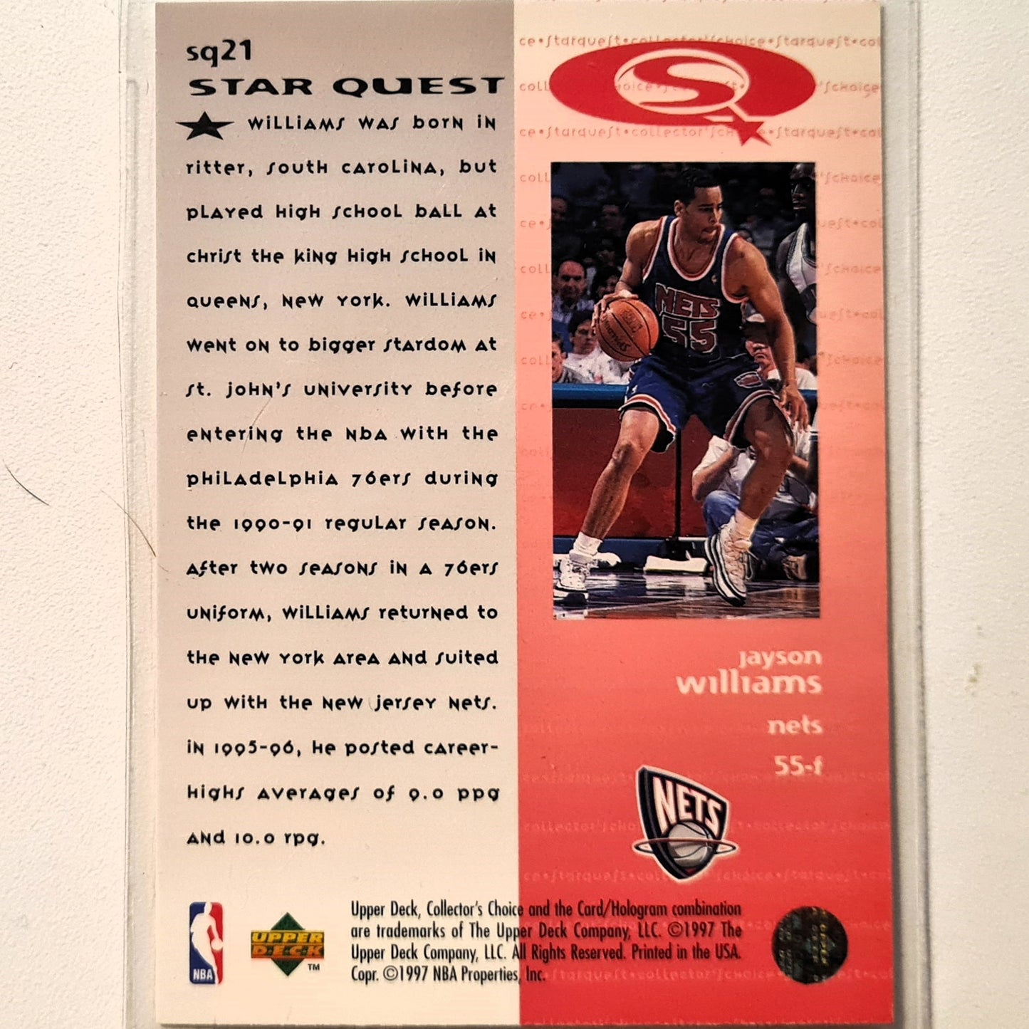 Jayson Williams 1997 Upper-Deck Star Quest SQ21 NBA Basketball New Jersey Nets Excellent Sleeved