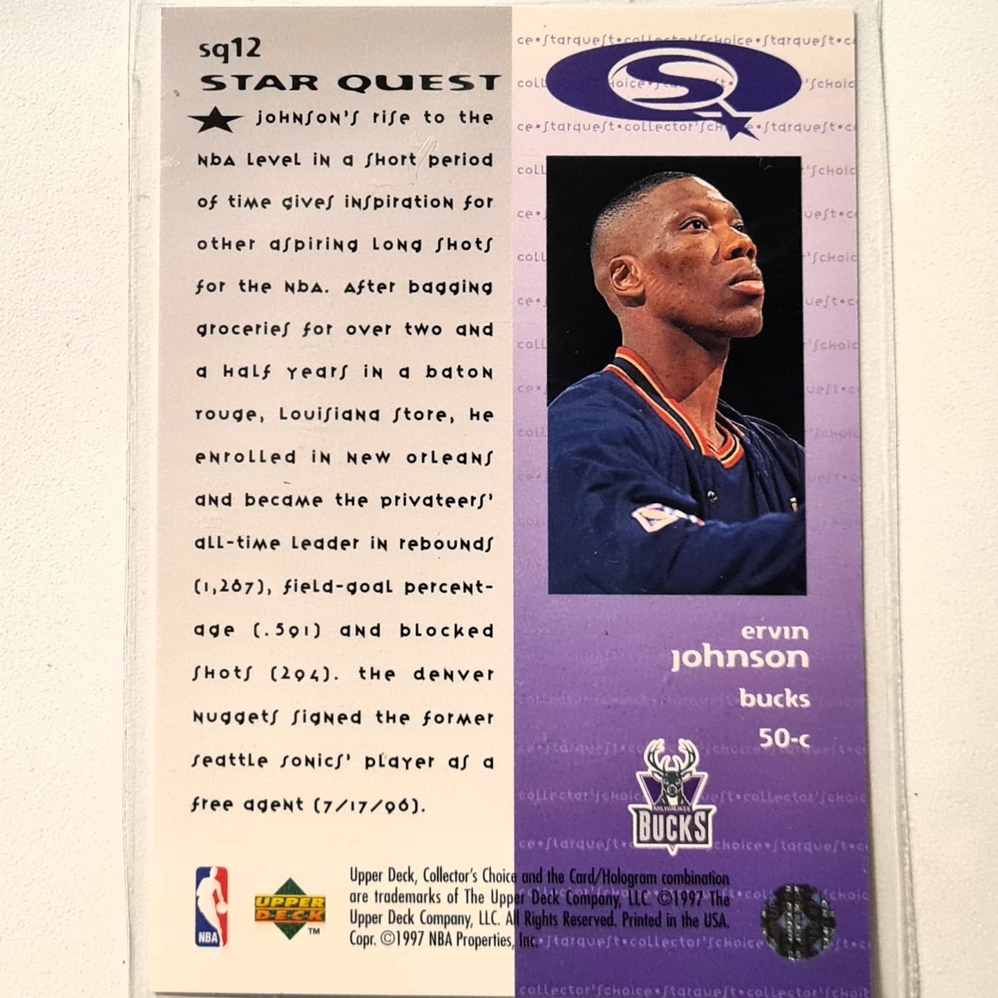 Ervin Johnson 1997 Upper-Deck Star Quest SQ12 NBA Basketball Milwaukee Bucks Excellent Sleeved