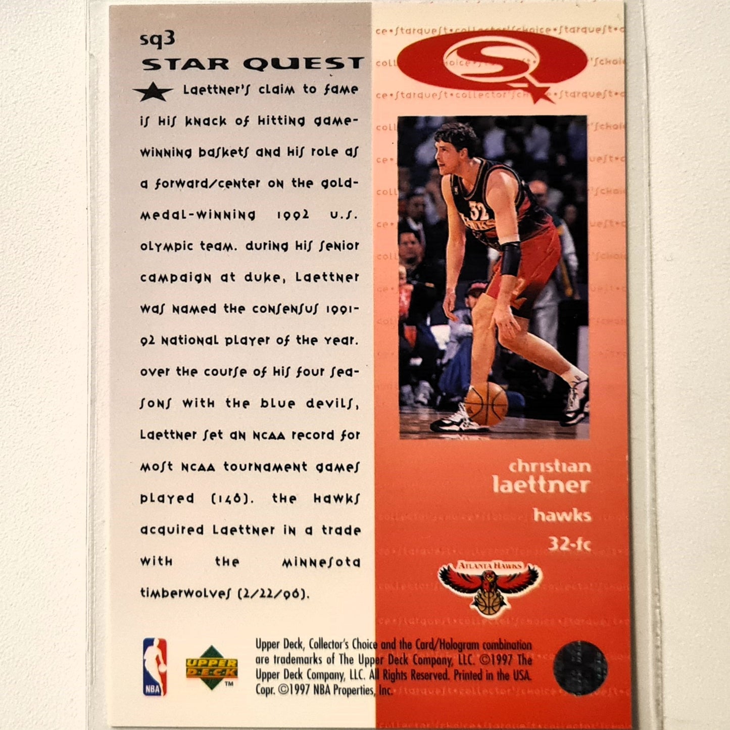 Christian Laettner 1997 Upper-Deck Star Quest SQ3 NBA Basketball Atlanta Hawks Excellent Sleeved