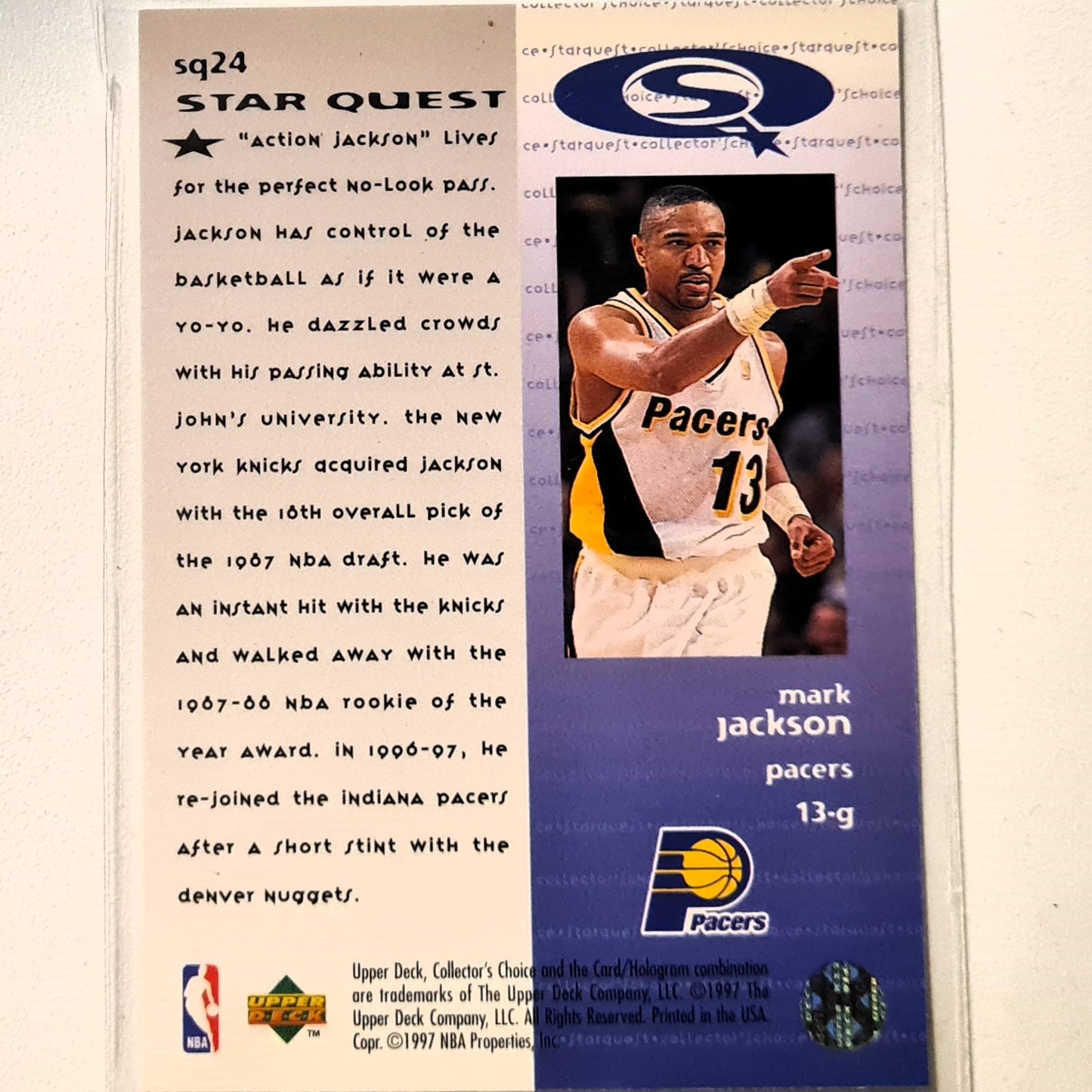 Mark Jackson 1997 Upper-Deck Star Quest SQ24 NBA Basketball Indiana Pacers Excellent Sleeved