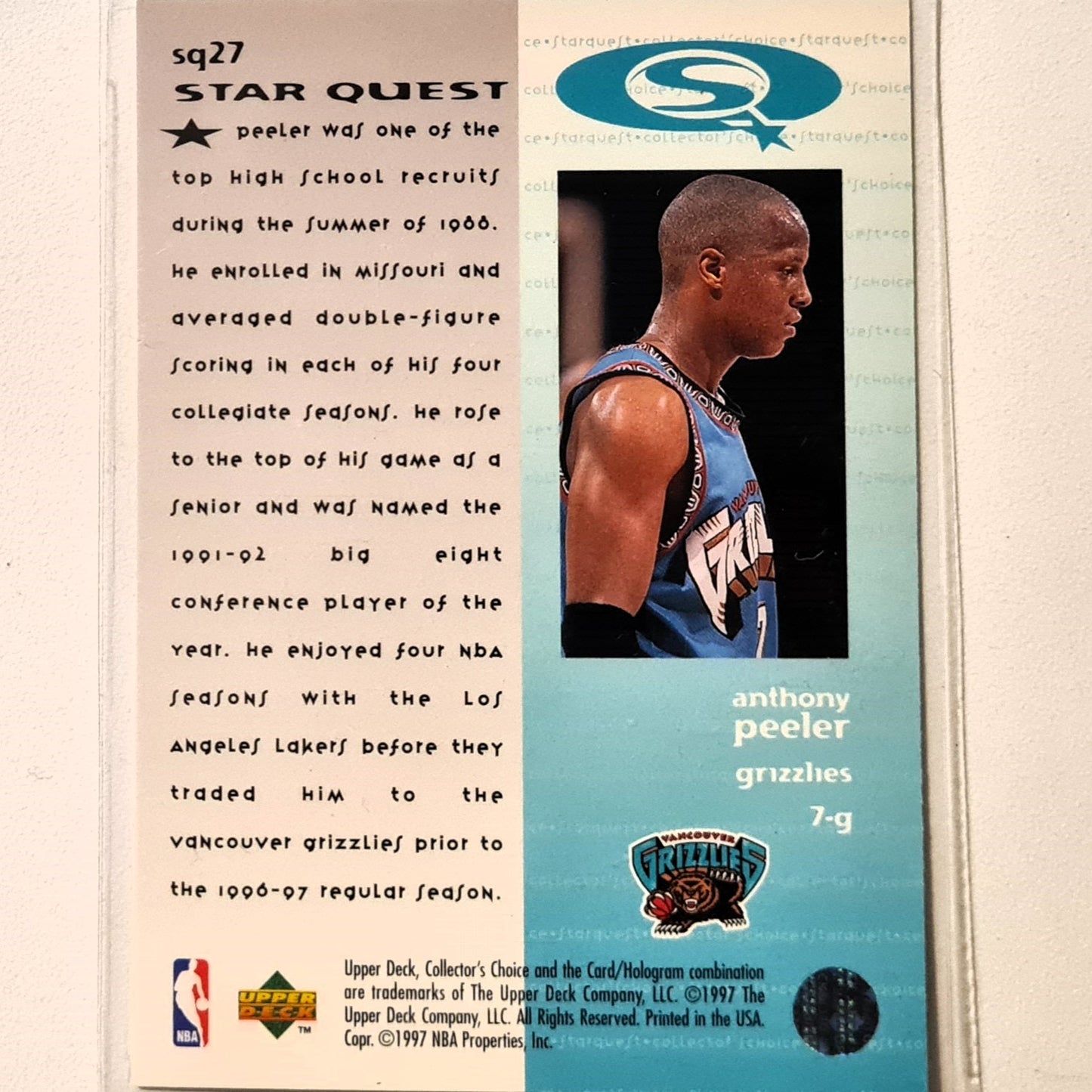 Anthony Peeler 1997 Upper-Deck Star Quest SQ27 NBA Basketball Vancouver Grizzlies Excellent Sleeved