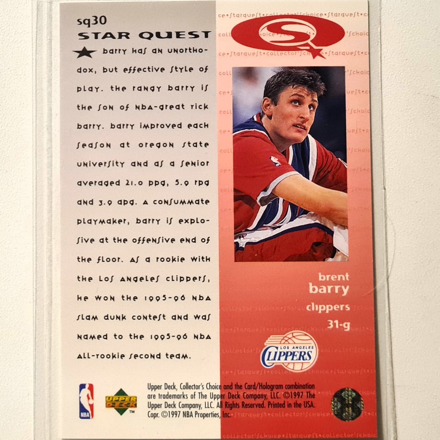 Brent Barry  1997 Upper-Deck Star Quest SQ30 NBA Basketball Los Angeles Clippers Excellent Sleeved