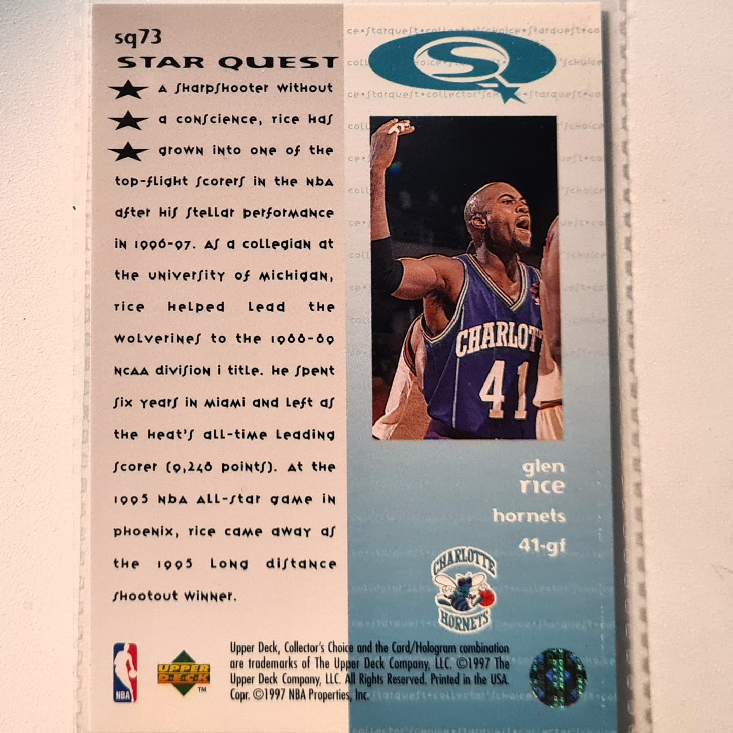 Glen Rice 1997 Upper-Deck Star Quest SQ73 NBA Basketball Charlotte Hornets Excellent Sleeved