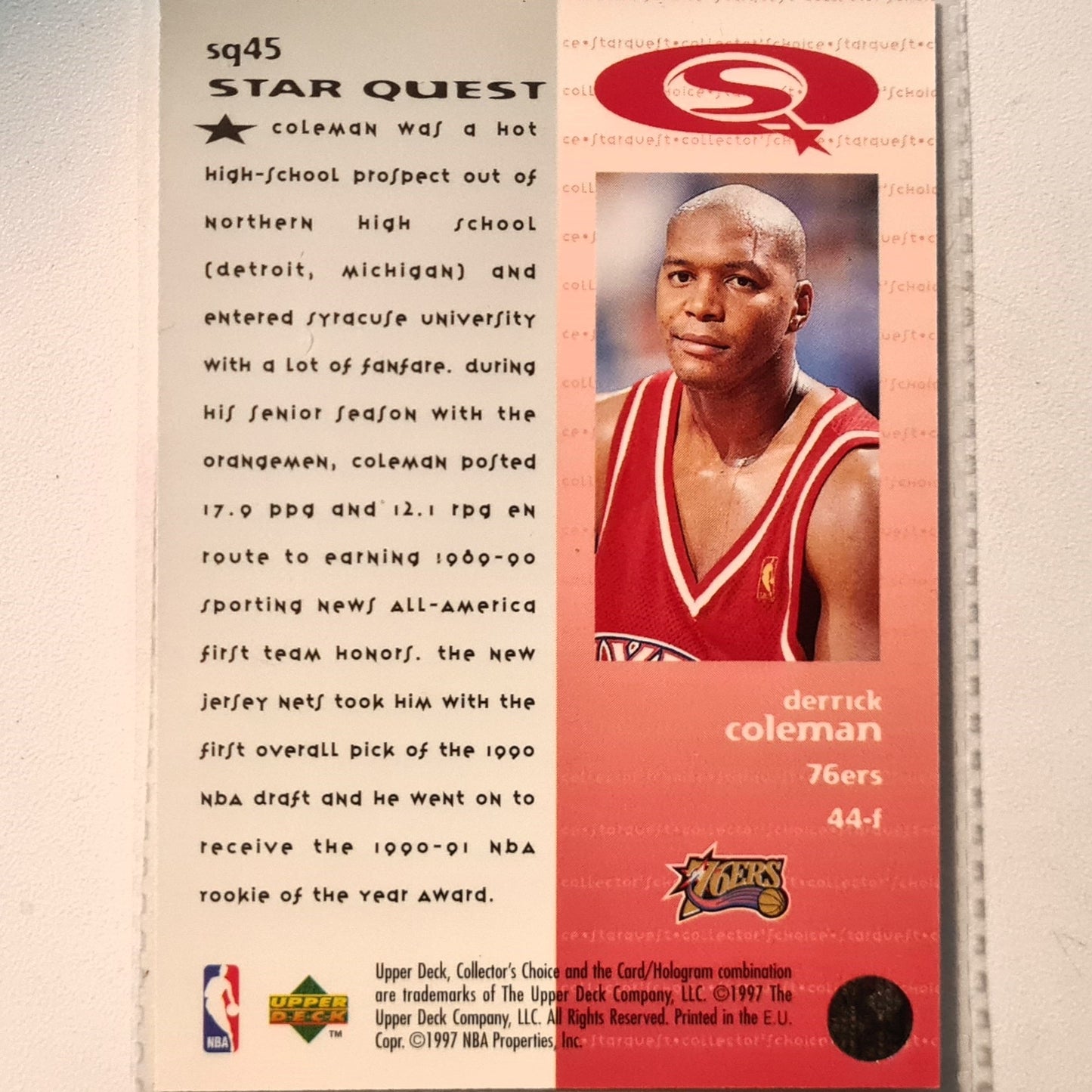 Derrick Coleman 1997 Upper-Deck Star Quest SQ45 NBA Basketball Philadelphia 76ers Excellent Sleeved