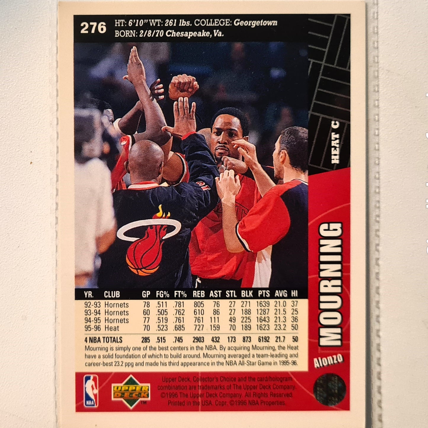 Alonzo Mourning 1996 Upper Deck #276 NBA Basketball Miami Heat Excellent Sleeved