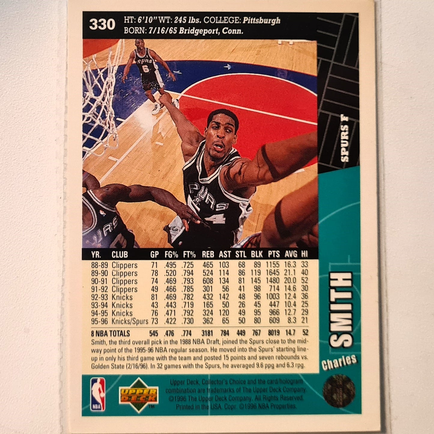 Charles Smith 1996 Upper Deck #330 NBA Basketball San Antonio Spurs very good Sleeved