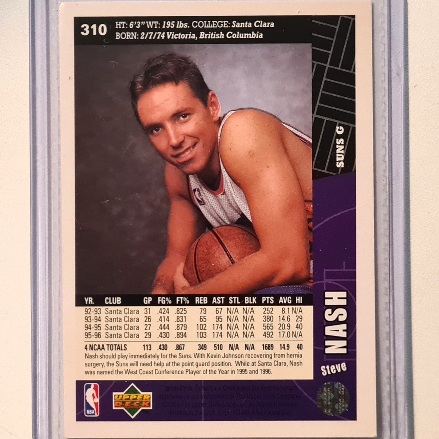 Steve Nash 1996 Upper Deck Rookie RC #310 NBA Basketball Phoenix Suns very good Sleeved