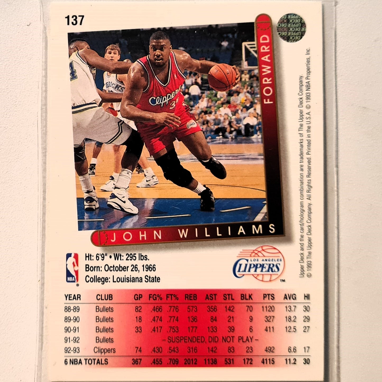 John Williams 1993 Upper Deck #137 NBA Basketball Los Angeles Clippers Sleeved