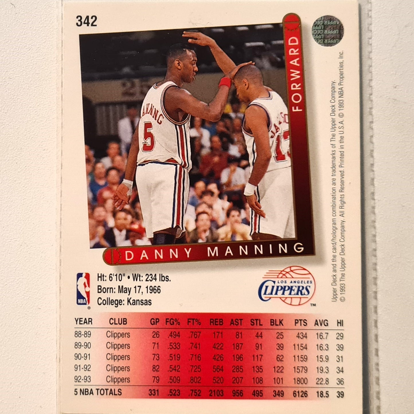 Danny Manning 1993 Upper Deck #342 NBA Basketball Los Angeles Clippers Sleeved