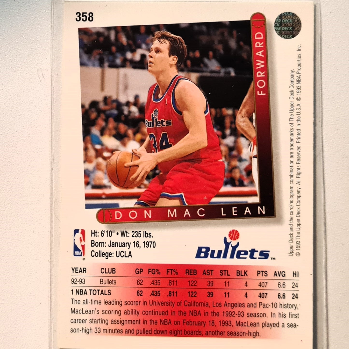 Don Mac Lean 1993 Upper Deck #358 NBA Basketball Washington Bullets  Sleeved