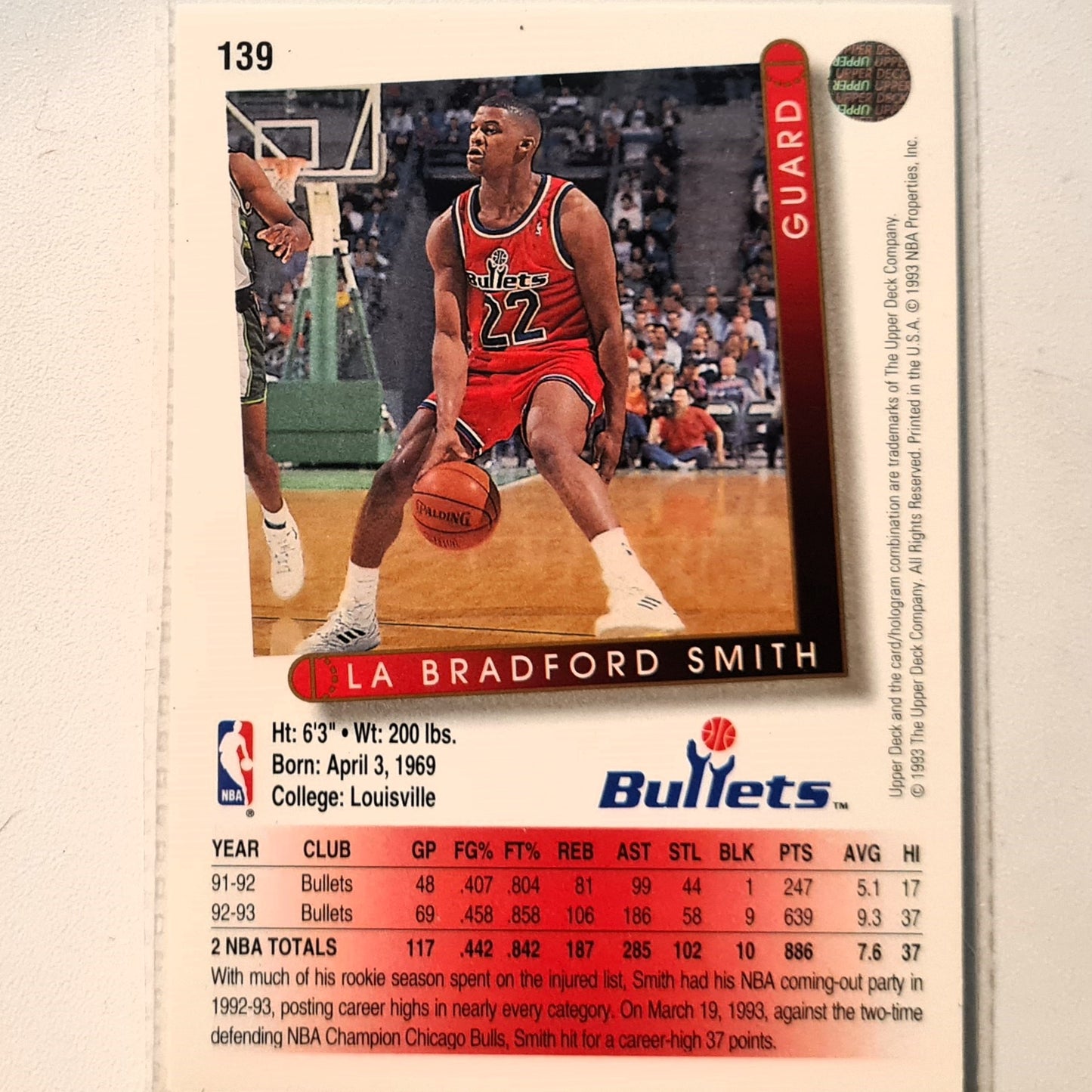 La Bradford Smith 1993 Upper Deck #139 NBA Basketball Washington Bullets  Excellent Sleeved