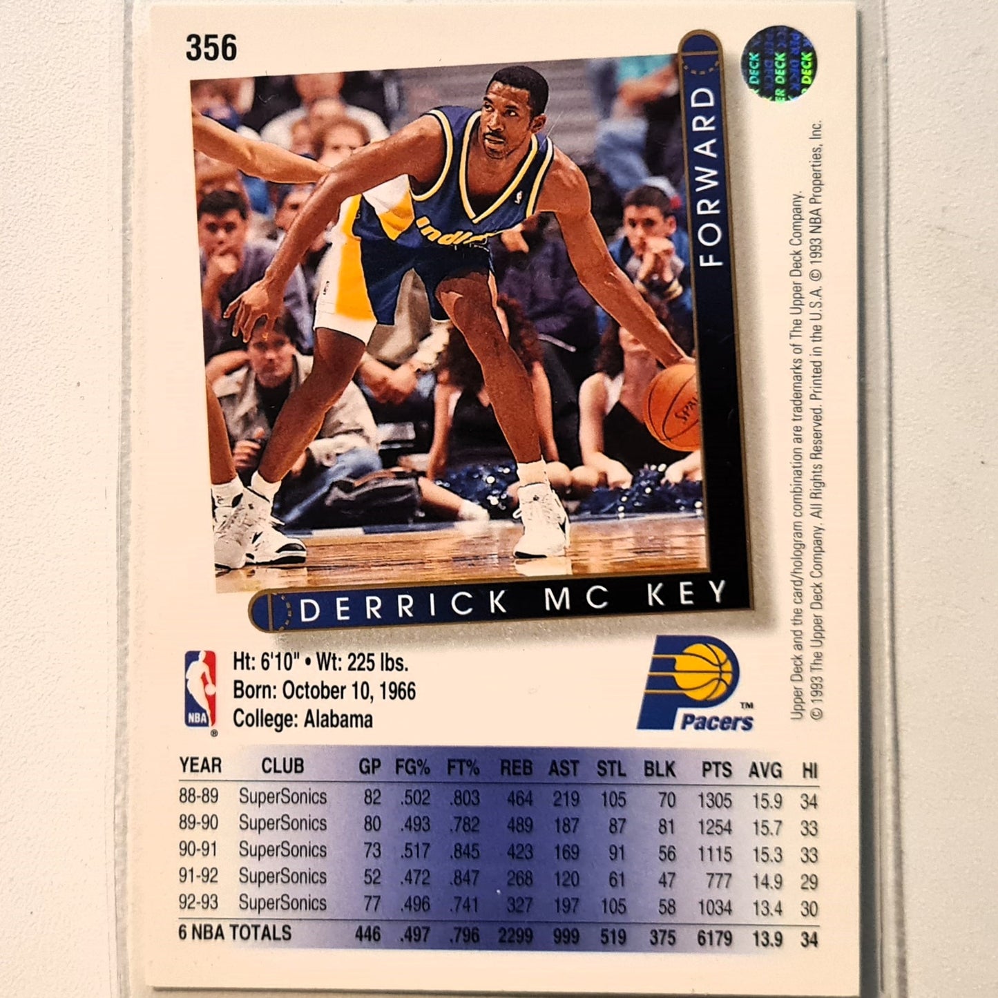 Derrick MC Key 1993 Upper Deck #356 NBA Basketball Indiana Pacers  Excellent Sleeved