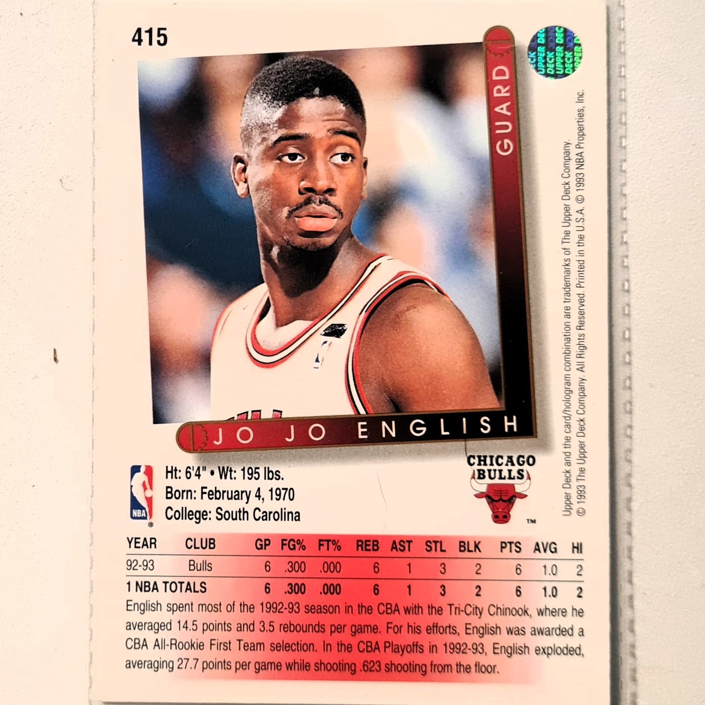 Jo Jo English 1993 Upper Deck #415 NBA Basketball Chicago Bulls  Excellent Sleeved