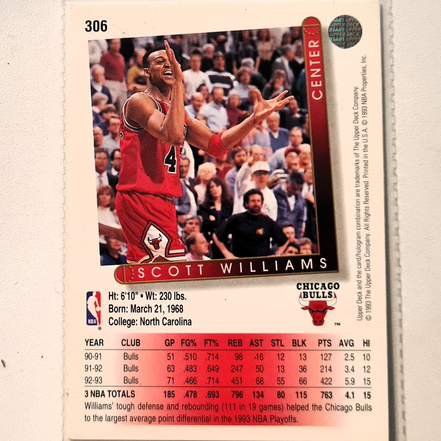 Scott Williams 1993 Upper Deck #306 NBA Basketball Chicago Bulls  Excellent Sleeved