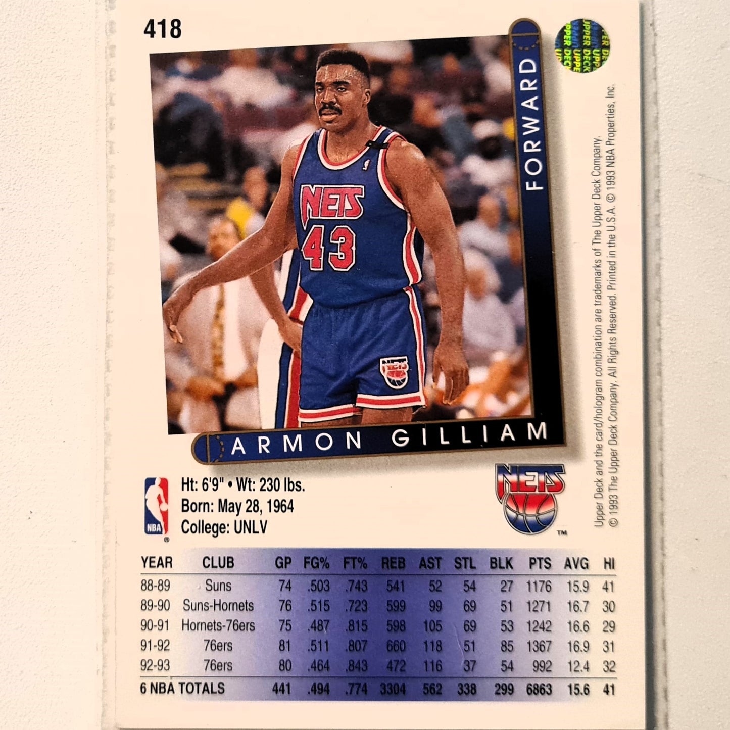 Armon Gilliam 1993 Upper Deck #418 NBA Basketball New Jersey Nets Excellent Sleeved